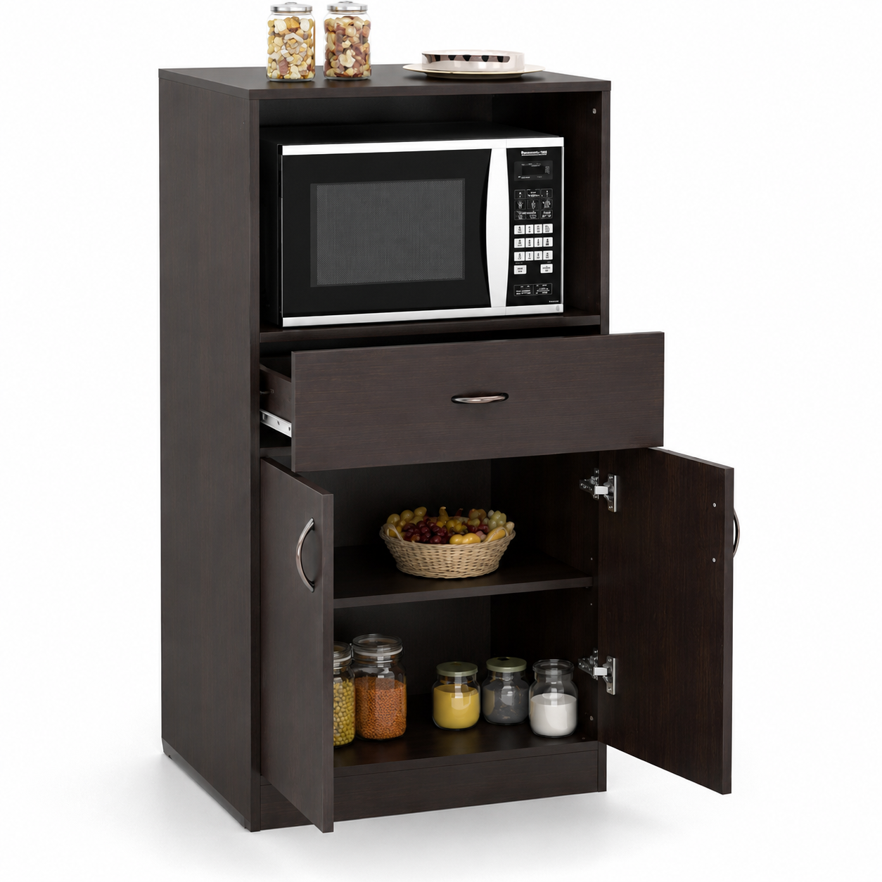 Modern Kitchen Microwave Cabinet with Drawer, Double Door Storage & Open Shelf | Walnut Finish