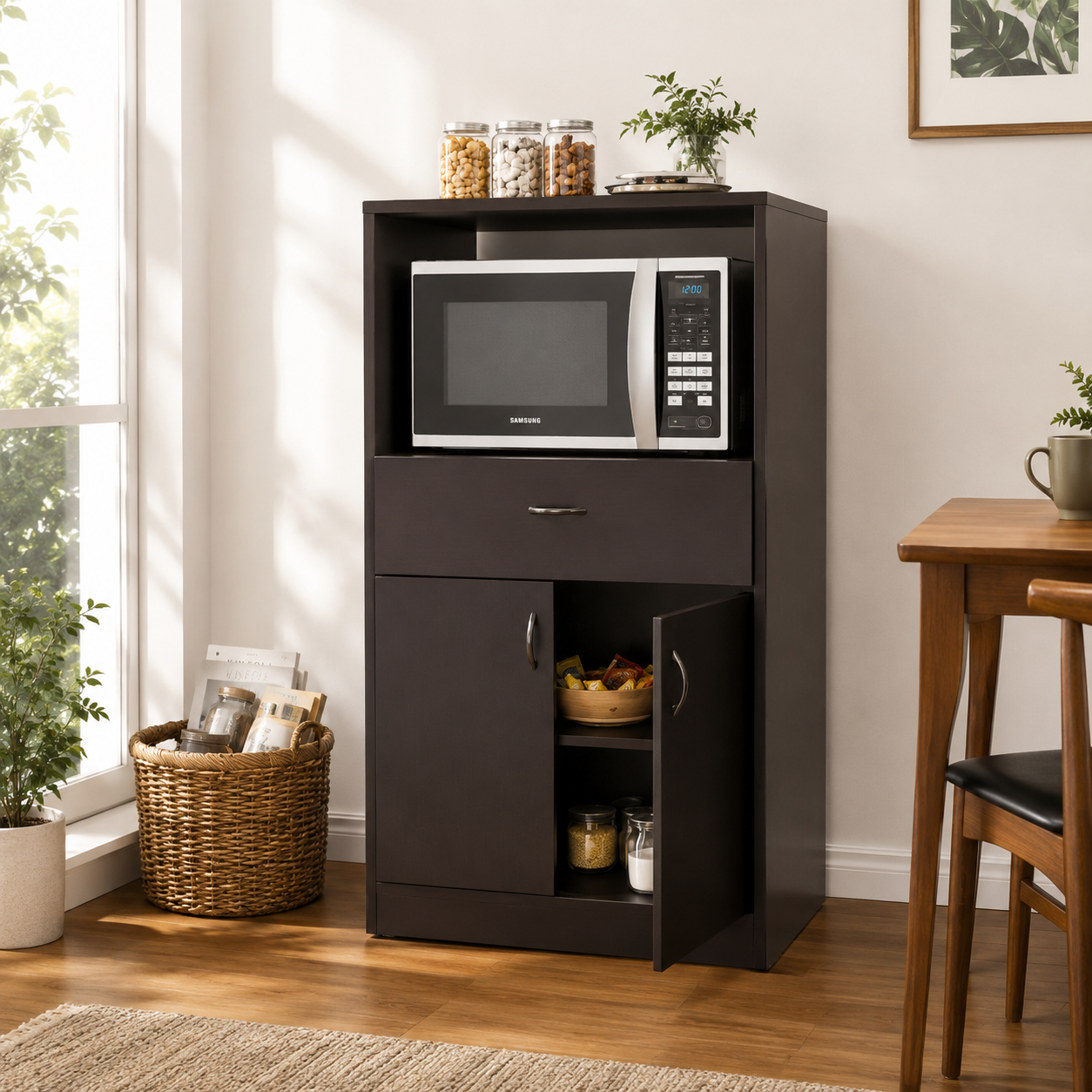 Modern Kitchen Microwave Cabinet with Drawer, Double Door Storage & Open Shelf | Walnut Finish