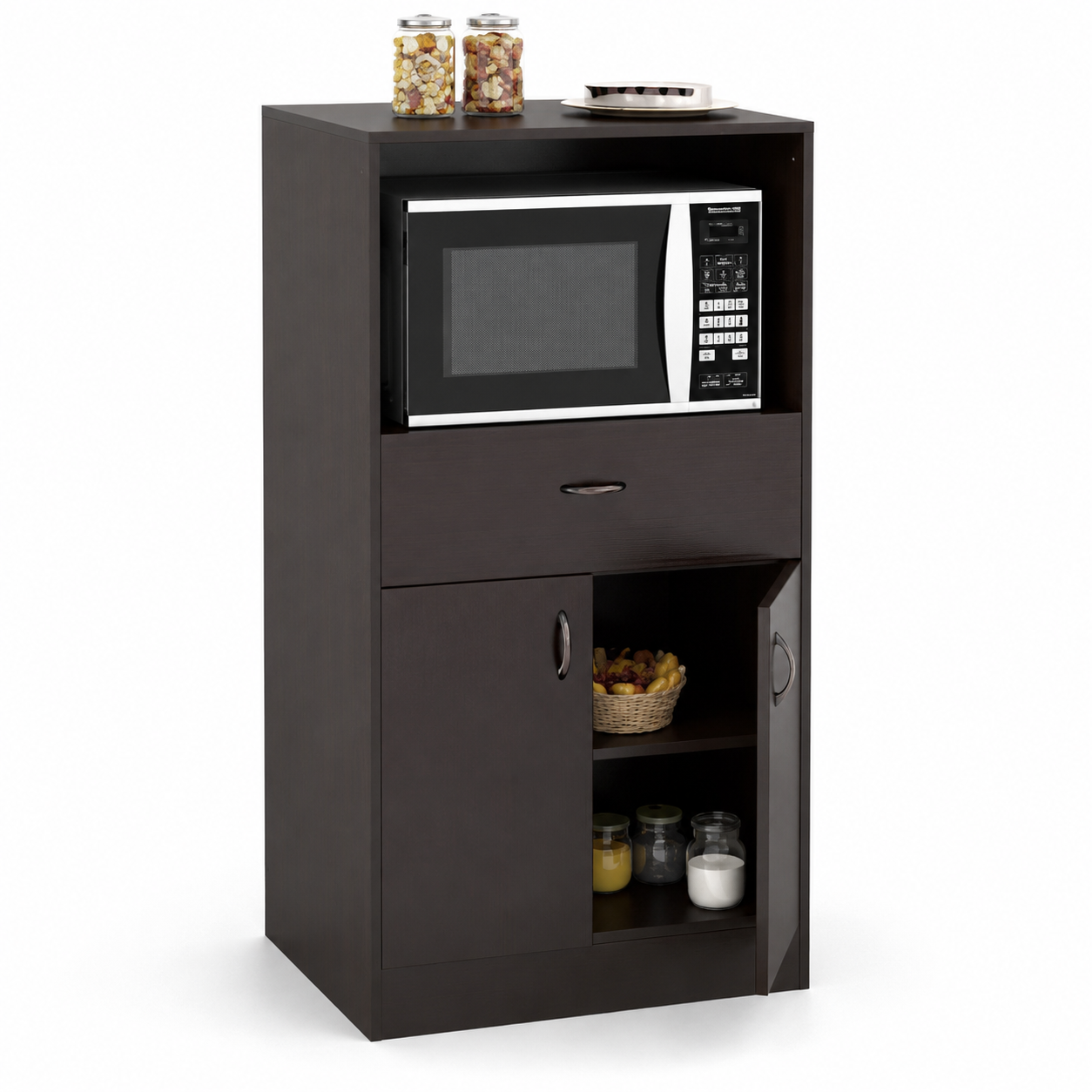 Modern Kitchen Microwave Cabinet with Drawer, Double Door Storage & Open Shelf | Walnut Finish
