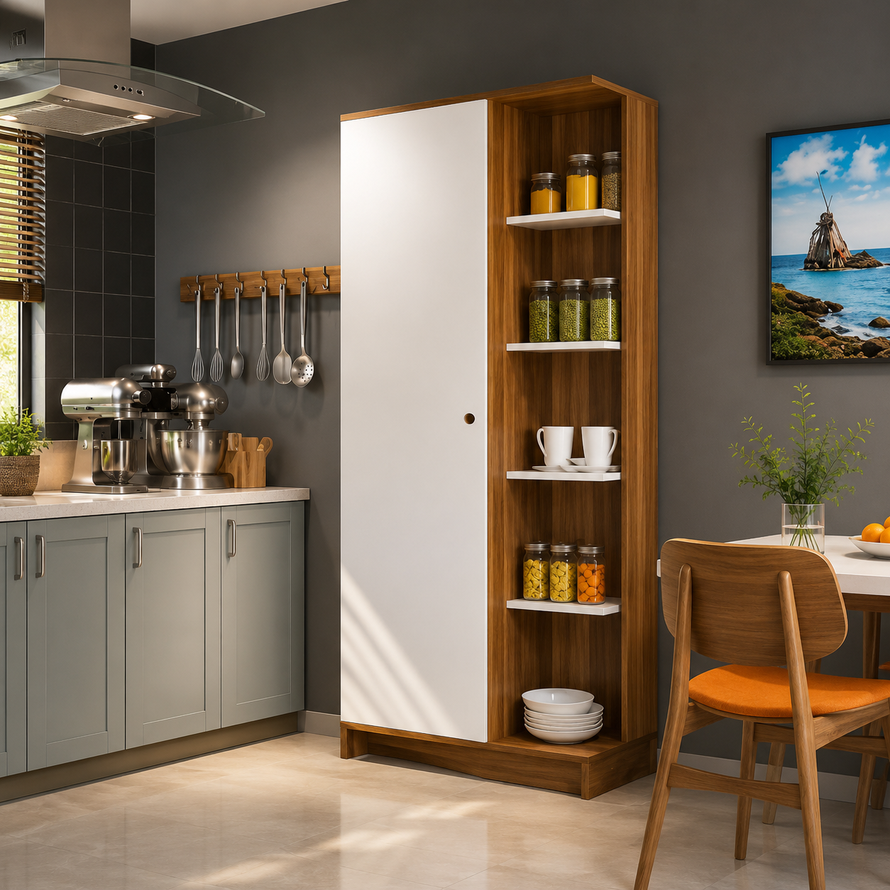 Multi-Purpose Kitchen Organizer Cabinet with Door, Open Shelf Storage, Pantry Unit for Kitchen, Dining & Utility Room | Wooden Finish