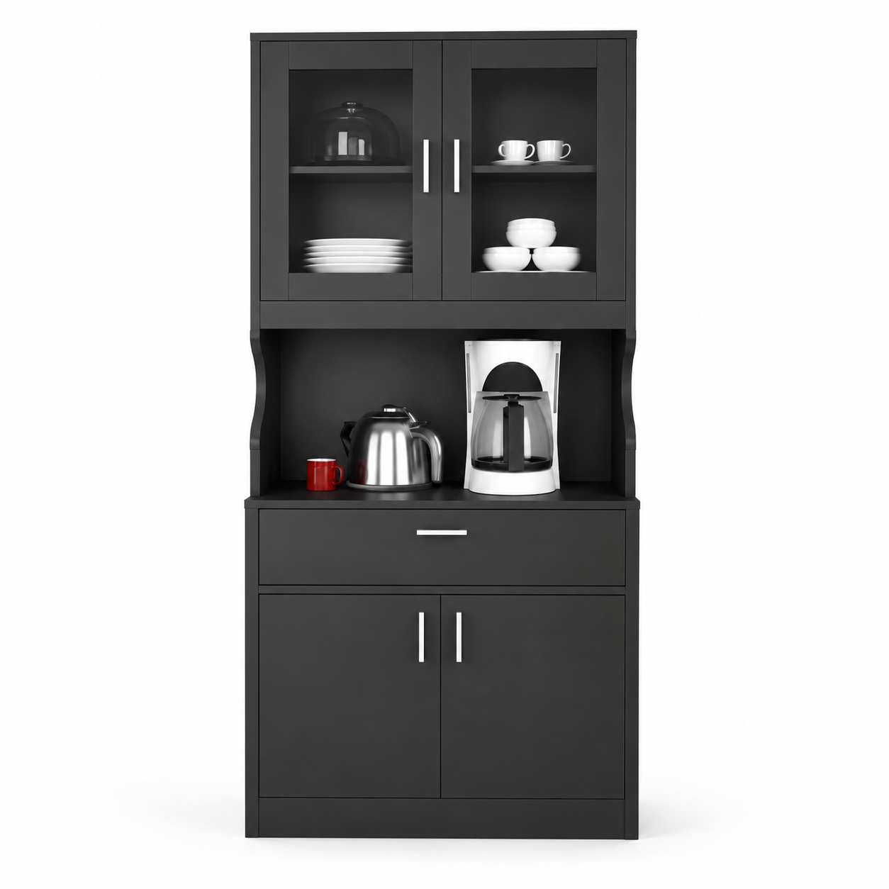 Modern Kitchen Storage Cabinet with Glass Doors, Open Appliance Shelf, Drawer and Double Door Storage for Kitchen
