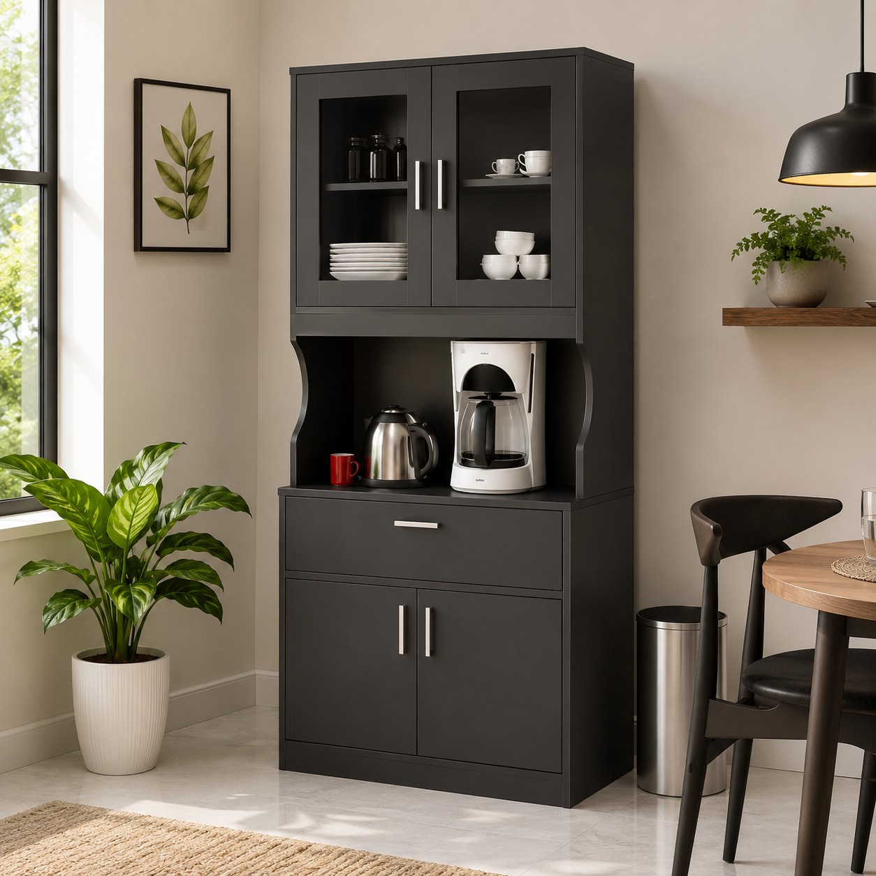 Modern Kitchen Storage Cabinet with Glass Doors, Open Appliance Shelf, Drawer and Double Door Storage for Kitchen