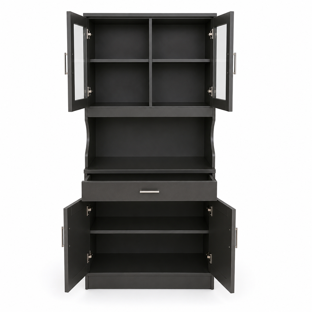 Modern Kitchen Storage Cabinet with Glass Doors, Open Appliance Shelf, Drawer and Double Door Storage for Kitchen