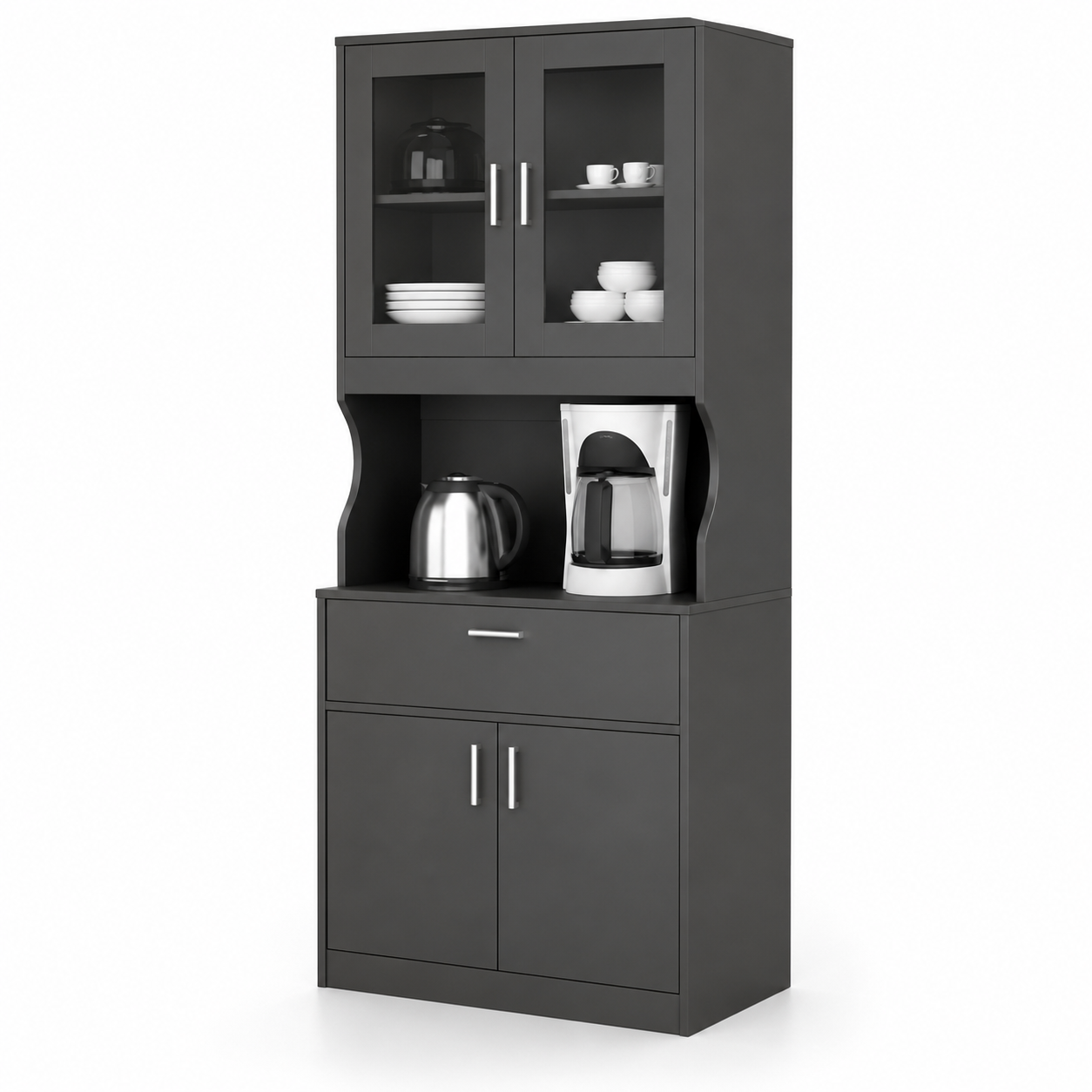 Modern Kitchen Storage Cabinet with Glass Doors, Open Appliance Shelf, Drawer and Double Door Storage for Kitchen