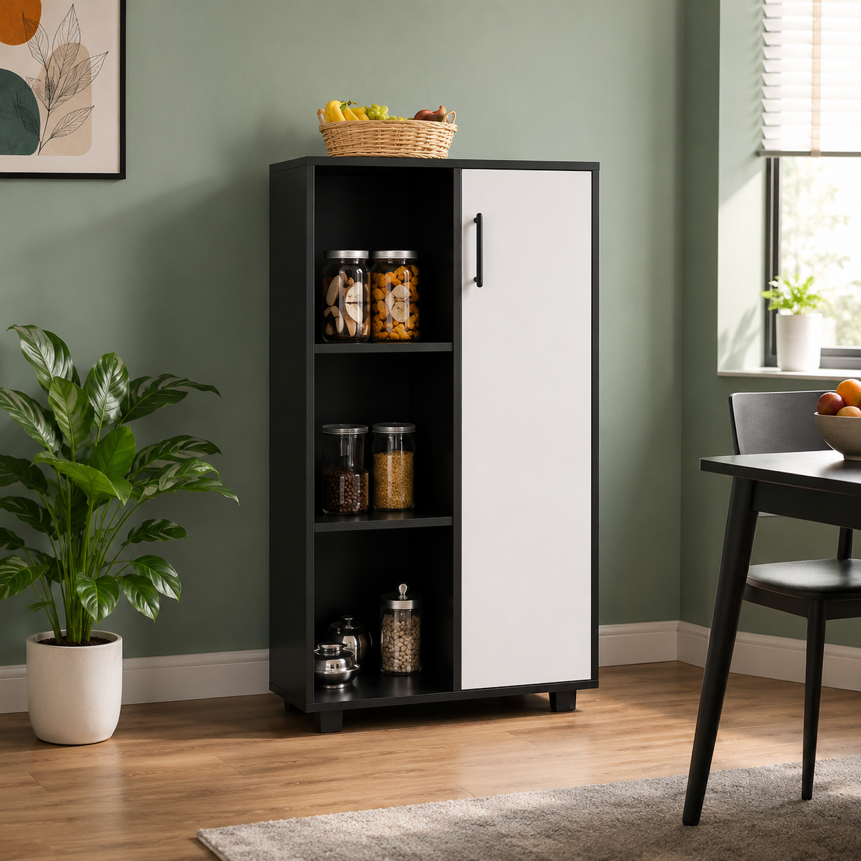Multi-Purpose Kitchen Storage Cabinet with Open Shelves, Single Door Storage, Pantry Organizer for Kitchen
