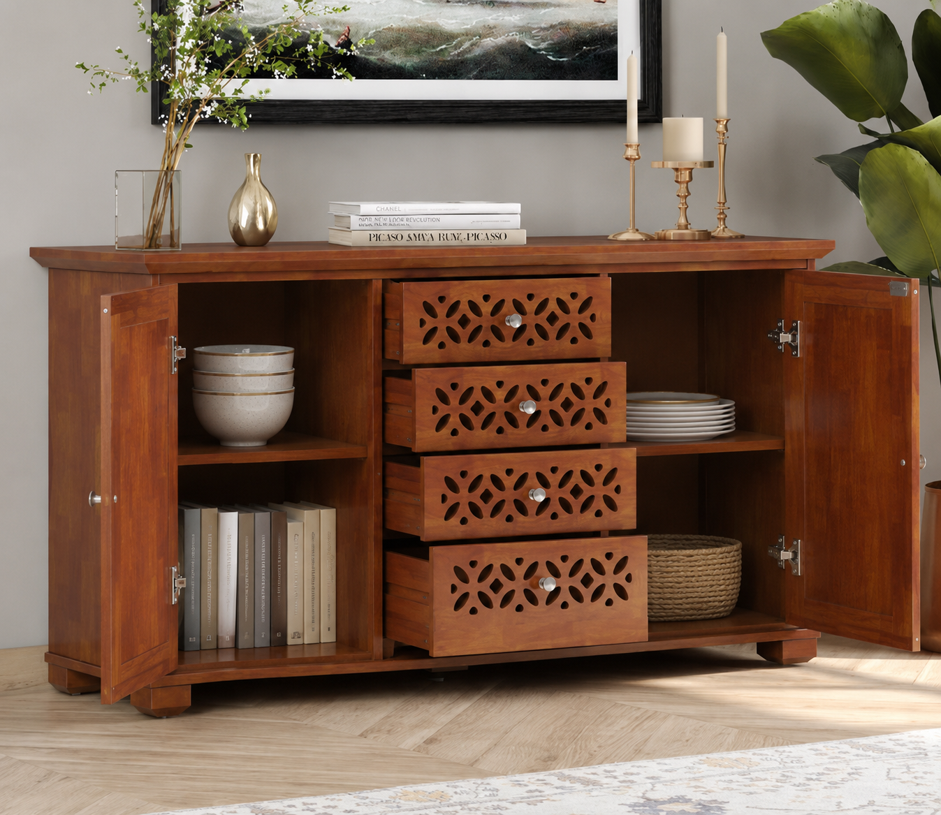 Modern Wooden Storage Cabinet with 4 Decorative Drawers and 2 Door Cabinets, Sideboard Organiser for Living Room, Dining Room