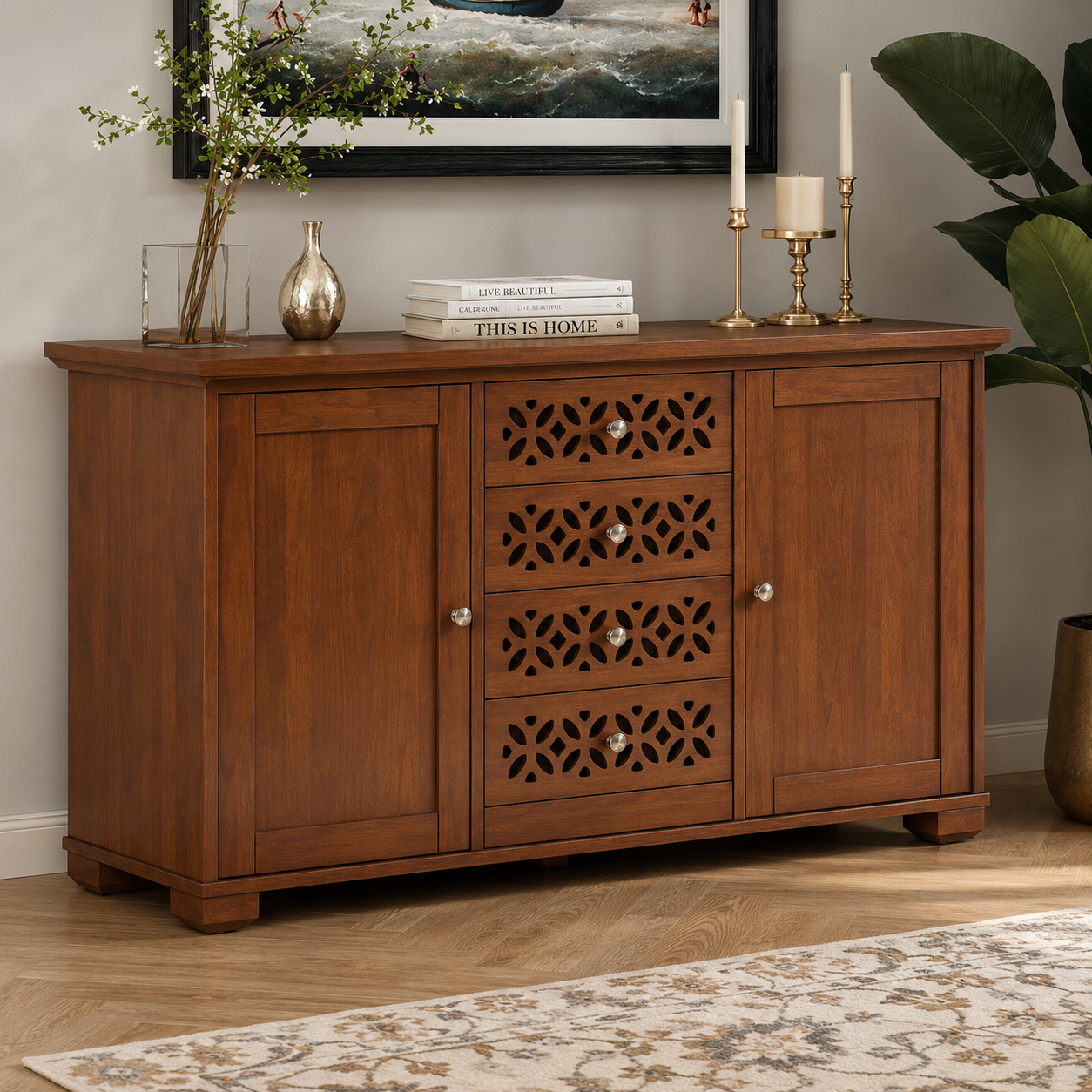 Modern Wooden Storage Cabinet with 4 Decorative Drawers and 2 Door Cabinets, Sideboard Organiser for Living Room, Dining Room