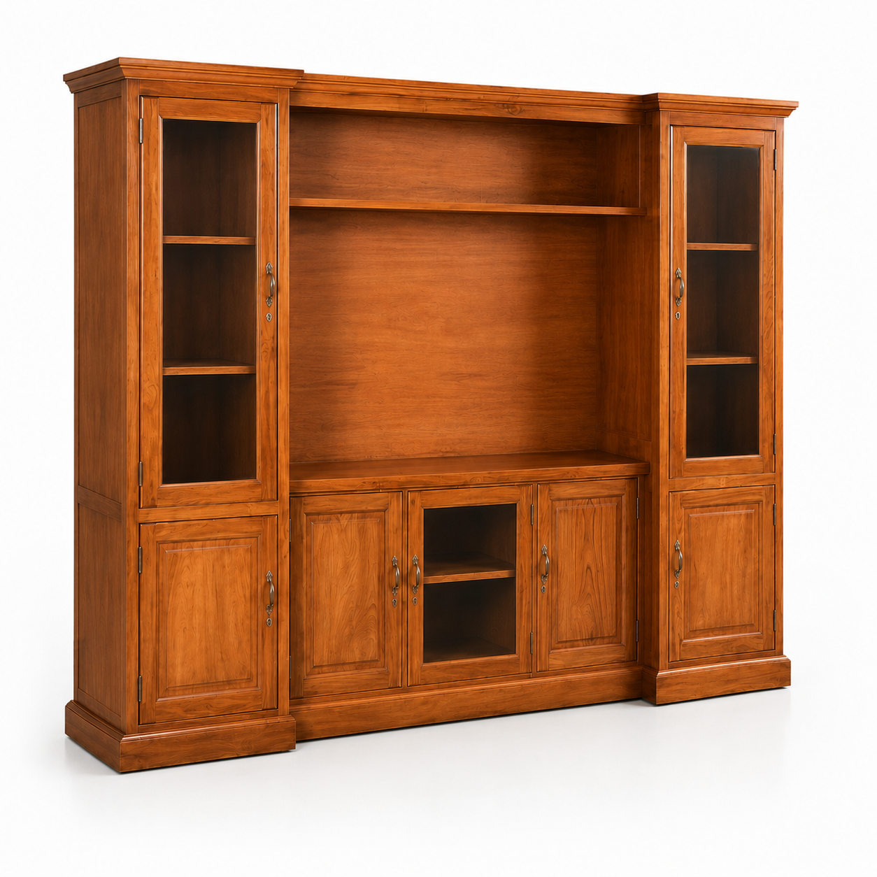Wooden TV Unit with Glass Display Cabinet, Open Shelves, Closed Storage, Large Entertainment Centre for Living Room in Warm Brown Finish