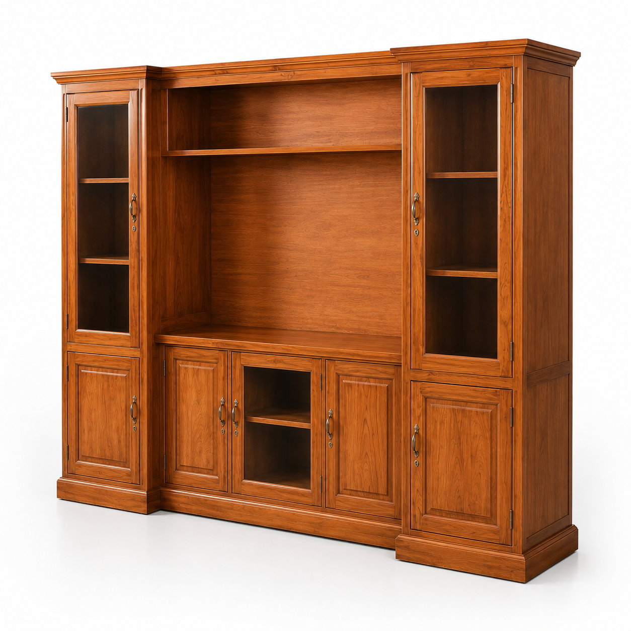 Wooden TV Unit with Glass Display Cabinet, Open Shelves, Closed Storage, Large Entertainment Centre for Living Room in Warm Brown Finish