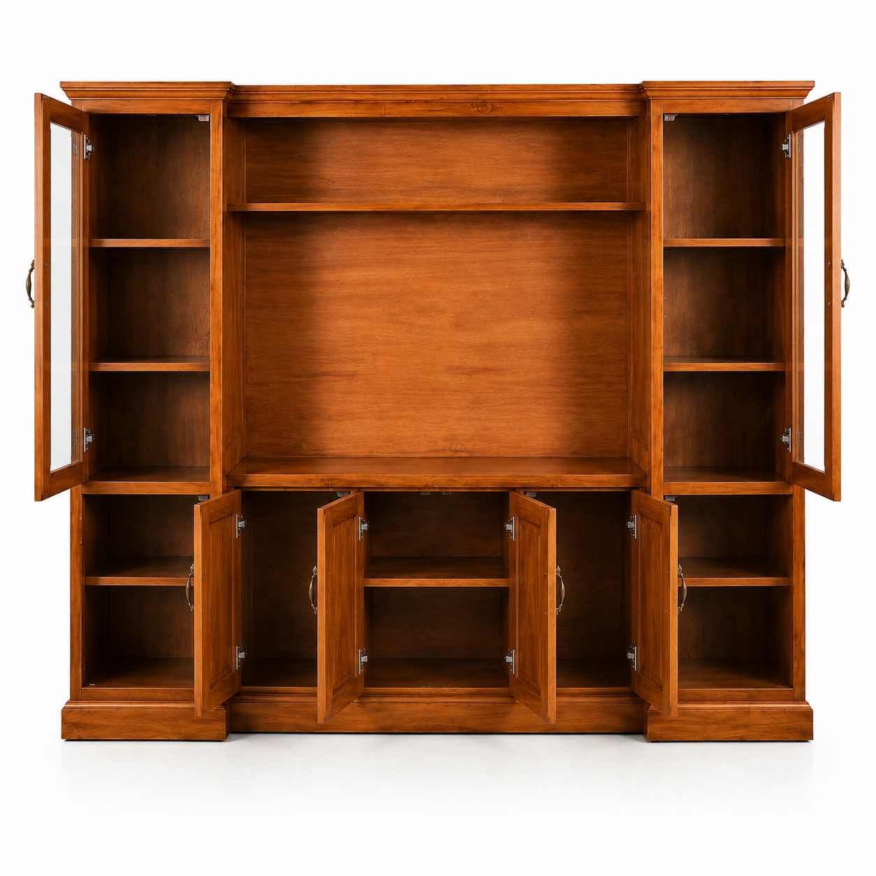 Wooden TV Unit with Glass Display Cabinet, Open Shelves, Closed Storage, Large Entertainment Centre for Living Room in Warm Brown Finish