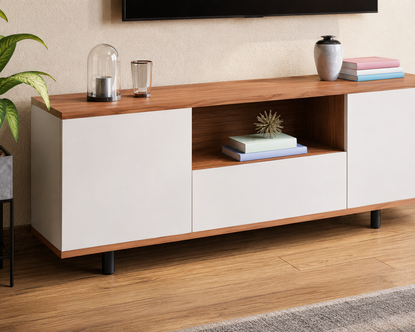 Living Room and Bedroom Setups, this Walnut TV Stand Features Two Cabinet Doors, a Center Drawer, Open Storage Shelf, and Sleek Black Metal Legs