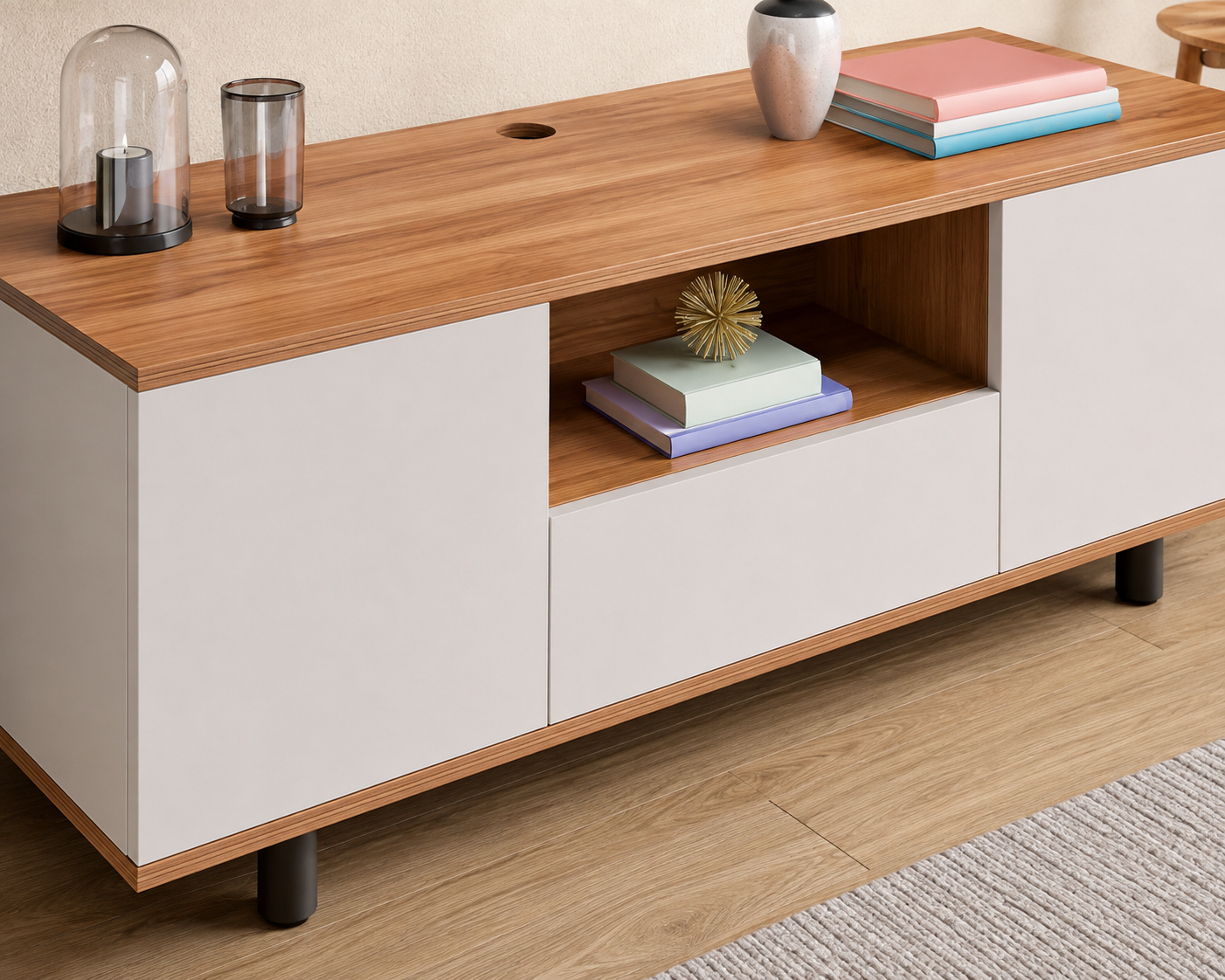 Living Room and Bedroom Setups, this Walnut TV Stand Features Two Cabinet Doors, a Center Drawer, Open Storage Shelf, and Sleek Black Metal Legs