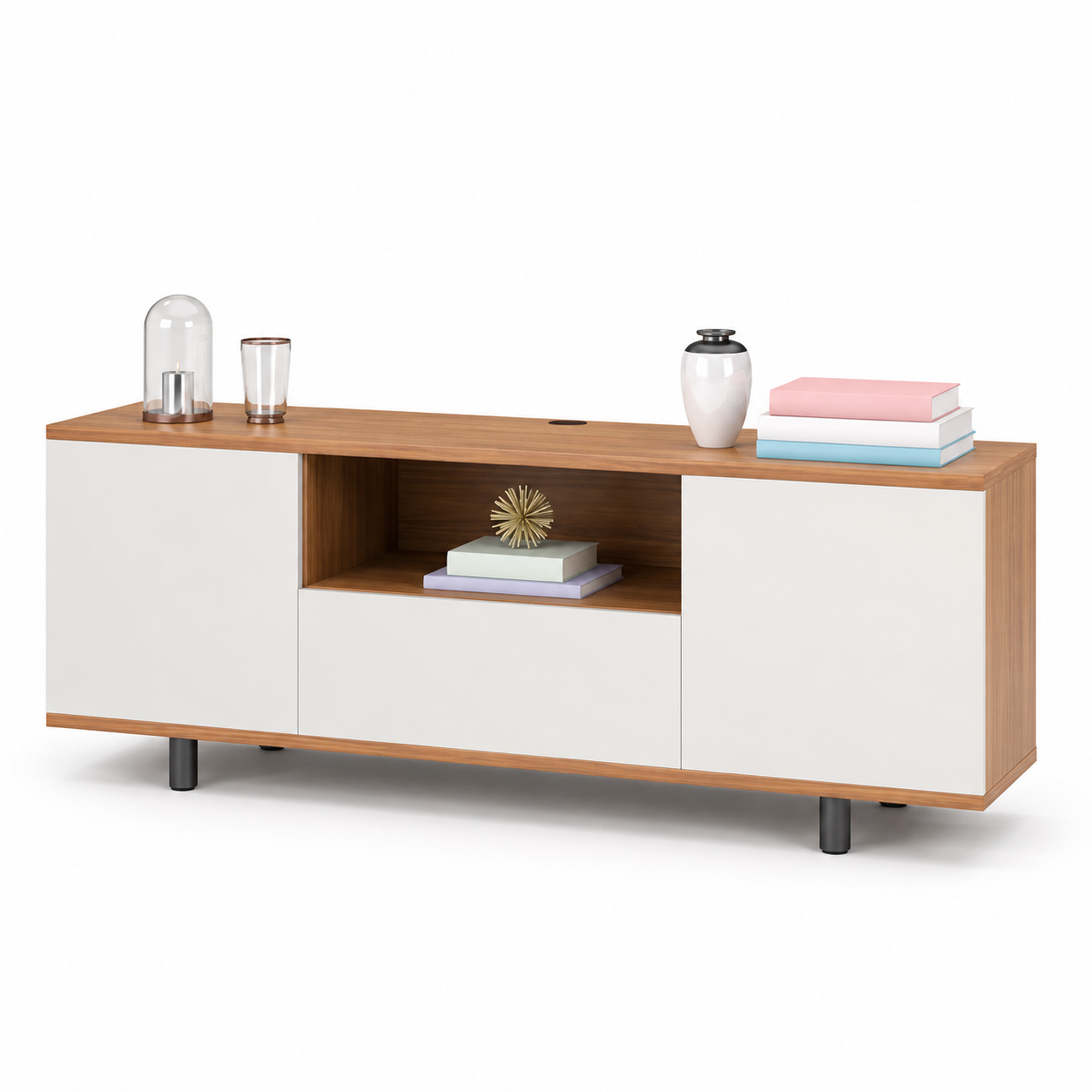 Living Room and Bedroom Setups, this Walnut TV Stand Features Two Cabinet Doors, a Center Drawer, Open Storage Shelf, and Sleek Black Metal Legs