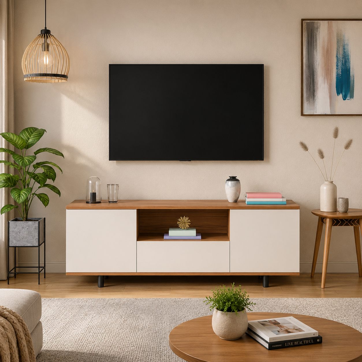 Living Room and Bedroom Setups, this Walnut TV Stand Features Two Cabinet Doors, a Center Drawer, Open Storage Shelf, and Sleek Black Metal Legs