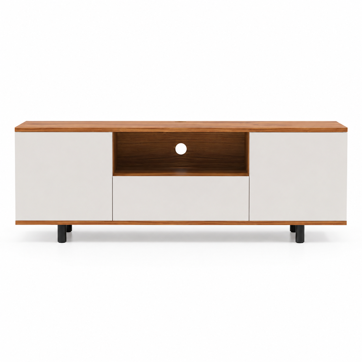 Living Room and Bedroom Setups, this Walnut TV Stand Features Two Cabinet Doors, a Center Drawer, Open Storage Shelf, and Sleek Black Metal Legs