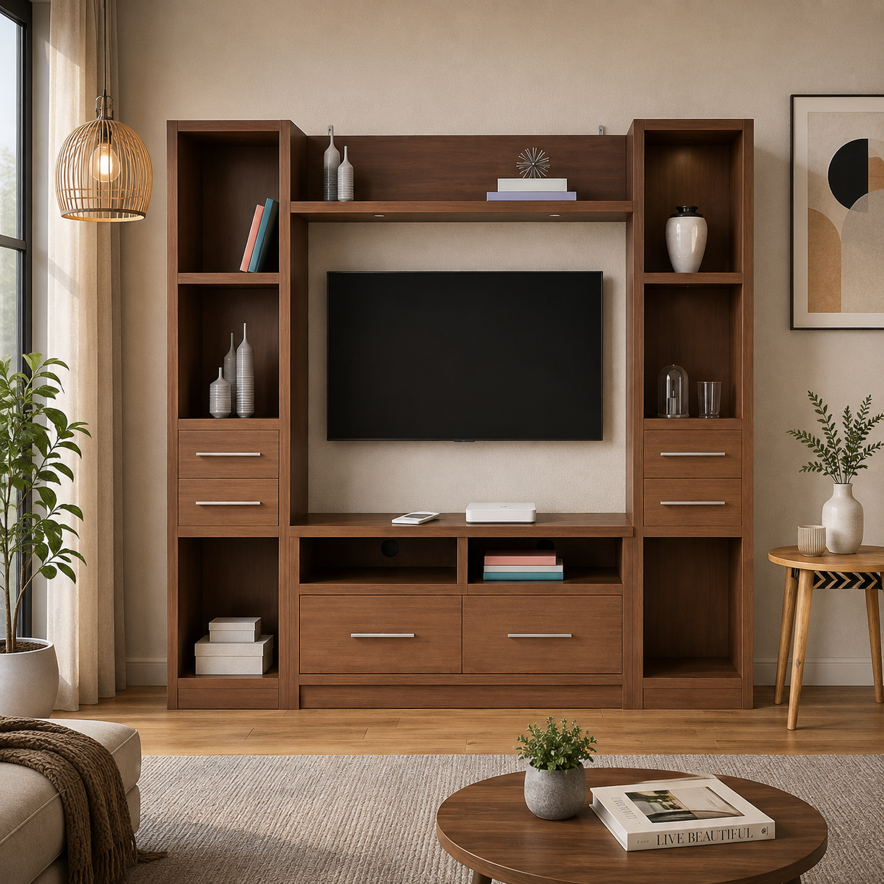 Best Suited for Living Room and Family Rooms, this Wood TV Wall Unit Features Tall Side Towers with Drawers, Open Display Shelves