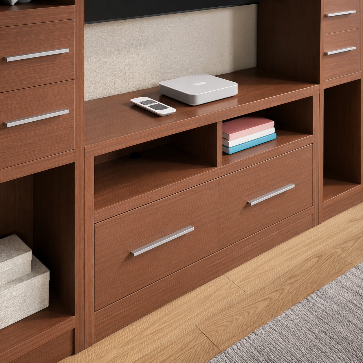 Best Suited for Living Room and Family Rooms, this Wood TV Wall Unit Features Tall Side Towers with Drawers, Open Display Shelves
