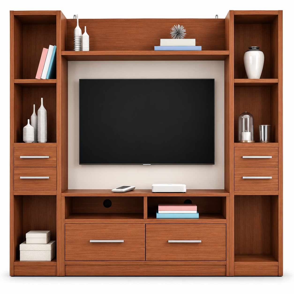 Best Suited for Living Room and Family Rooms, this Wood TV Wall Unit Features Tall Side Towers with Drawers, Open Display Shelves