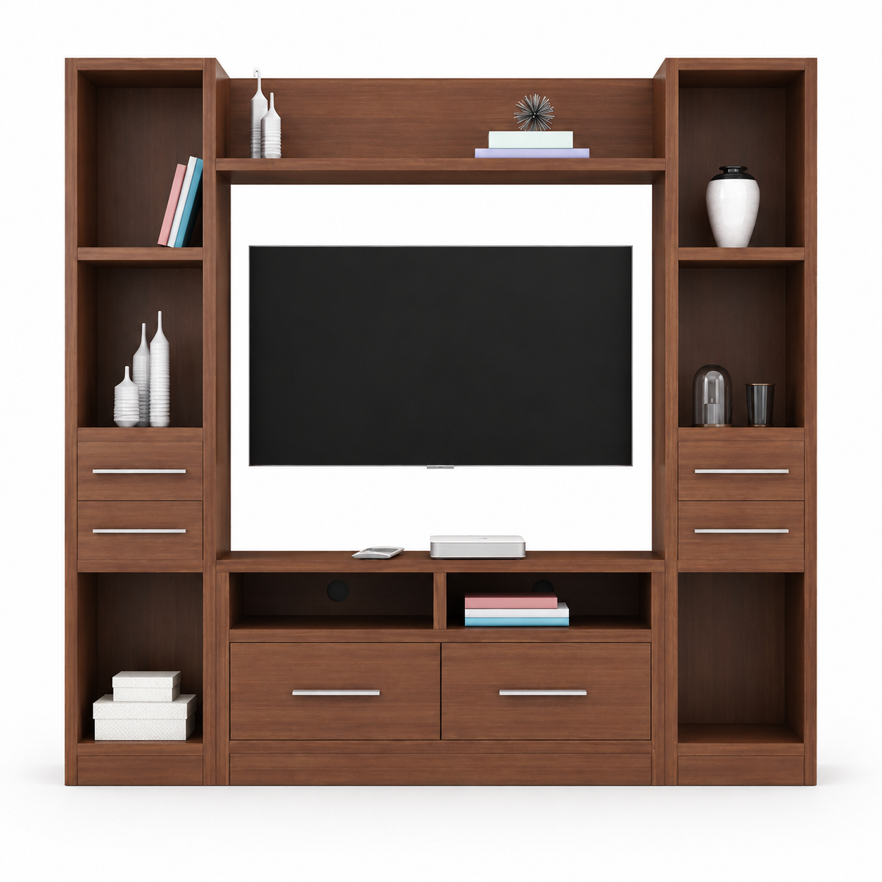 Best Suited for Living Room and Family Rooms, this Wood TV Wall Unit Features Tall Side Towers with Drawers, Open Display Shelves