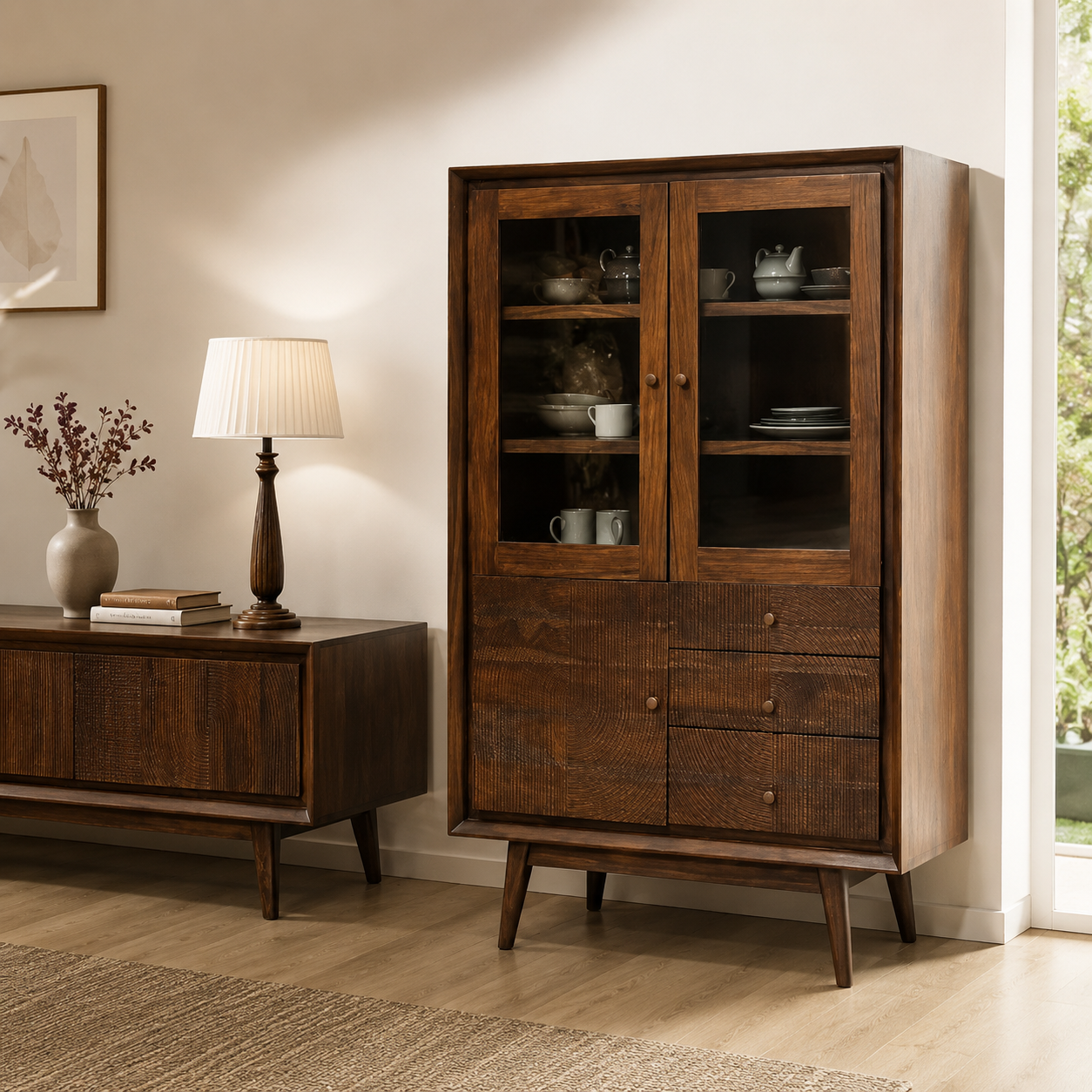 Wooden Crockery Cabinet with Glass Doors, Display Shelves, 4 Drawers, Closed Storage and Tapered Legs for Dining and Living Room
