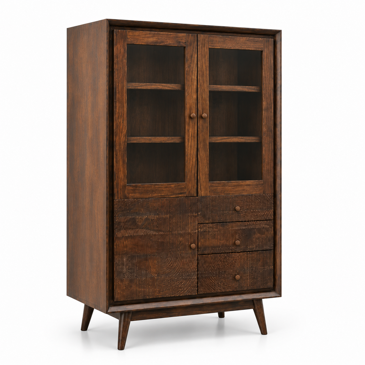 Wooden Crockery Cabinet with Glass Doors, Display Shelves, 4 Drawers, Closed Storage and Tapered Legs for Dining and Living Room