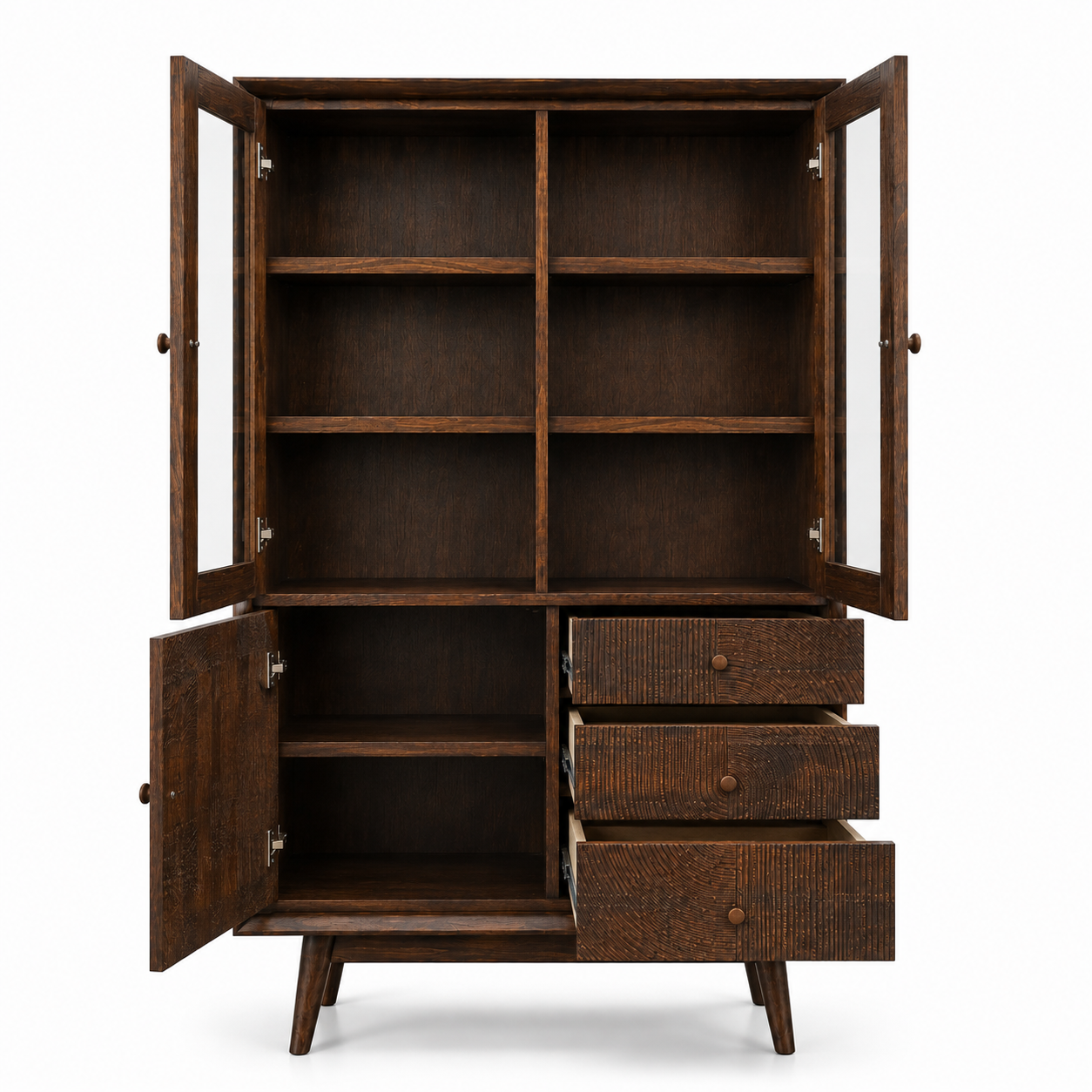 Wooden Crockery Cabinet with Glass Doors, Display Shelves, 4 Drawers, Closed Storage and Tapered Legs for Dining and Living Room