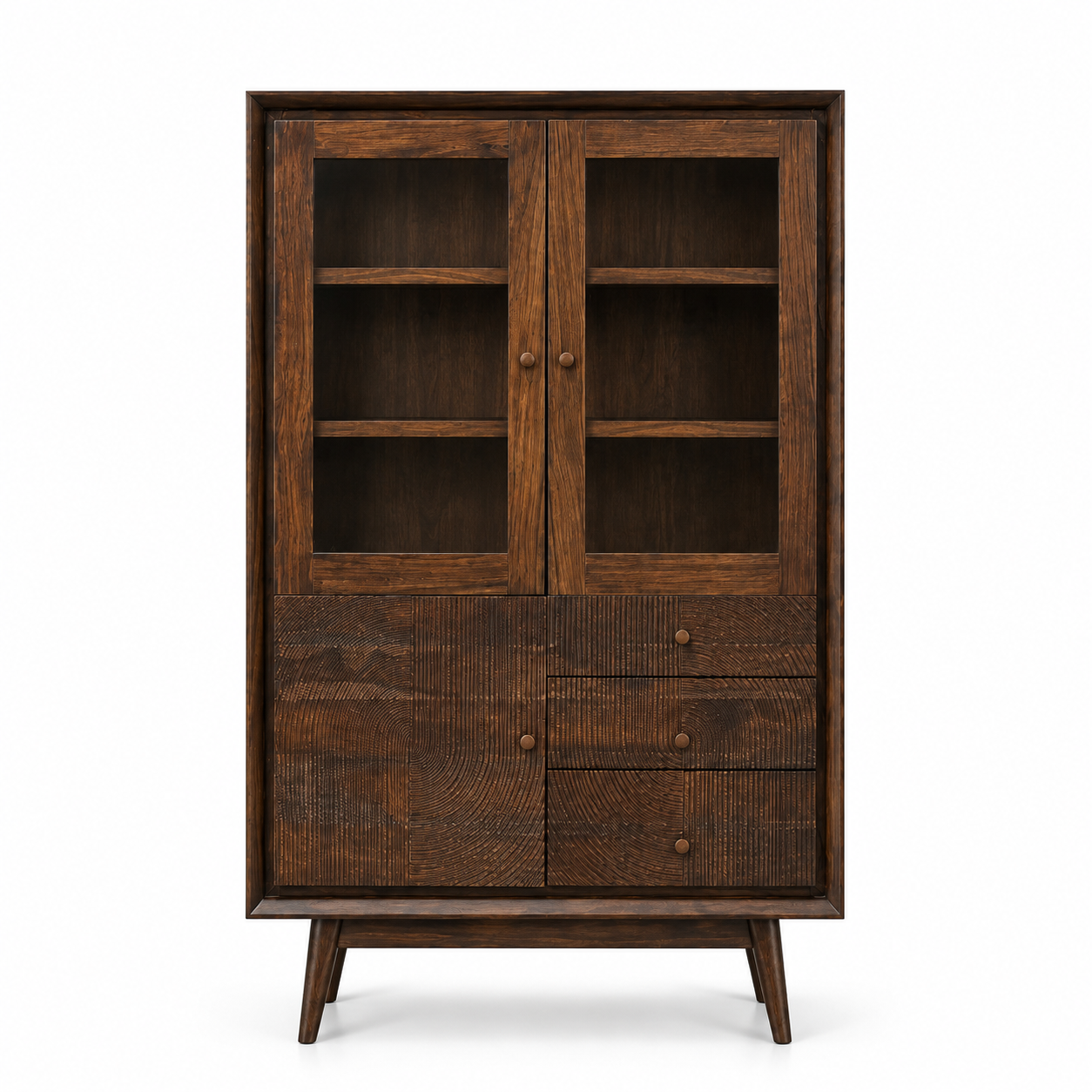 Wooden Crockery Cabinet with Glass Doors, Display Shelves, 4 Drawers, Closed Storage and Tapered Legs for Dining and Living Room
