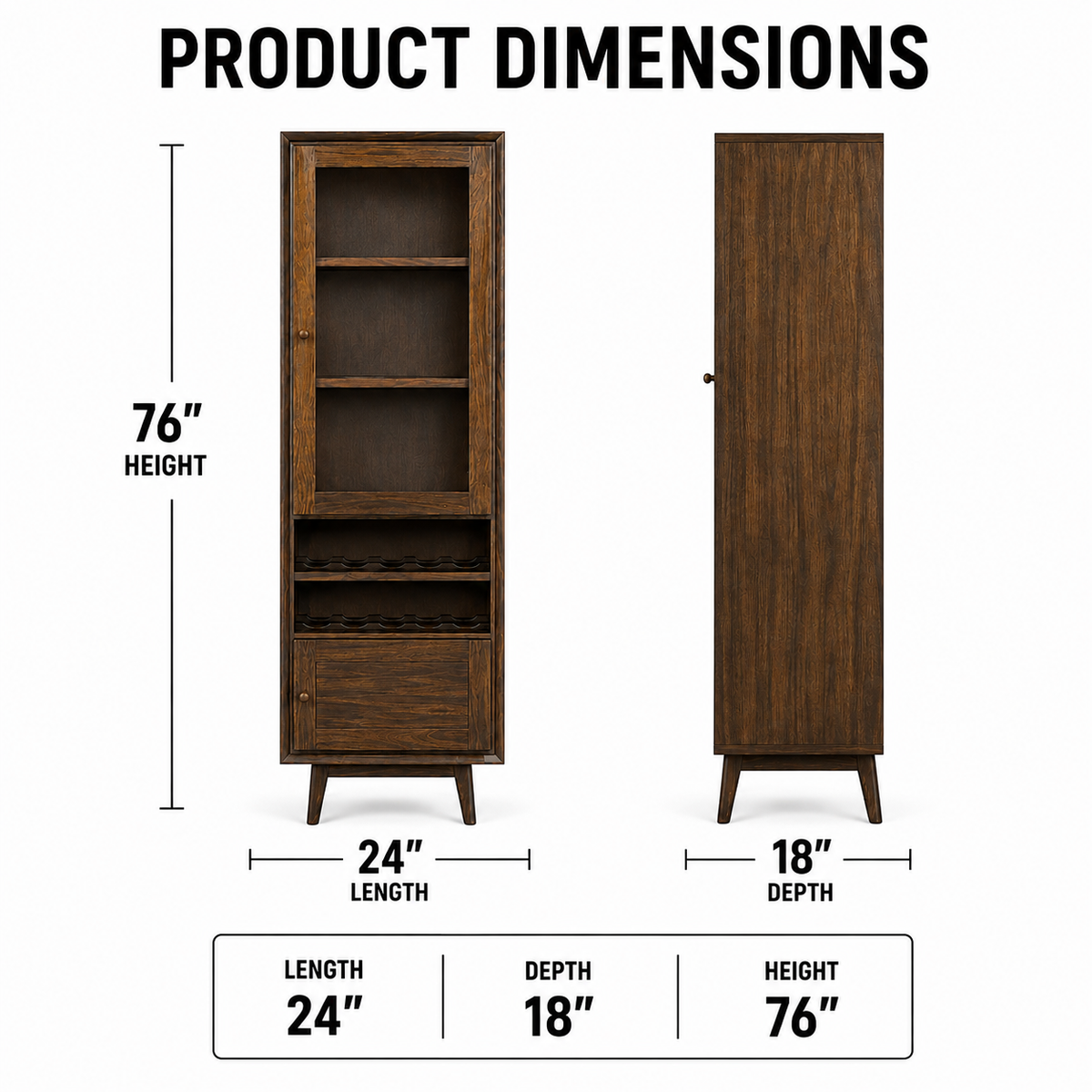 Solid Wood Tall Display Cabinet with Glass Door, Multiple Storage Shelves, Closed Storage, Raised Legs and Rich Brown Polish for Home Interiors