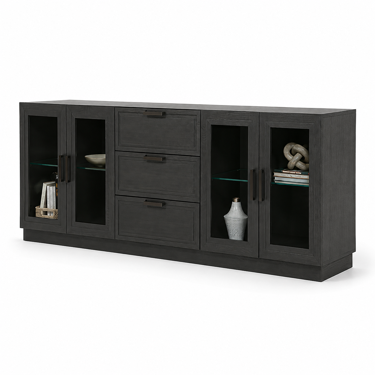 Modern Executive Office Storage Cabinet with Glass Doors, 3 Drawers and Shelves, MDF with Laminate and PU Finish for Director Cabin