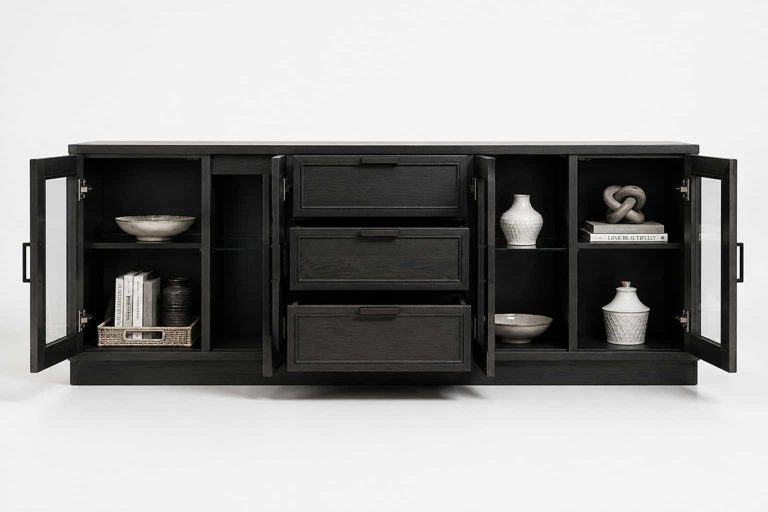 Modern Executive Office Storage Cabinet with Glass Doors, 3 Drawers and Shelves, MDF with Laminate and PU Finish for Director Cabin