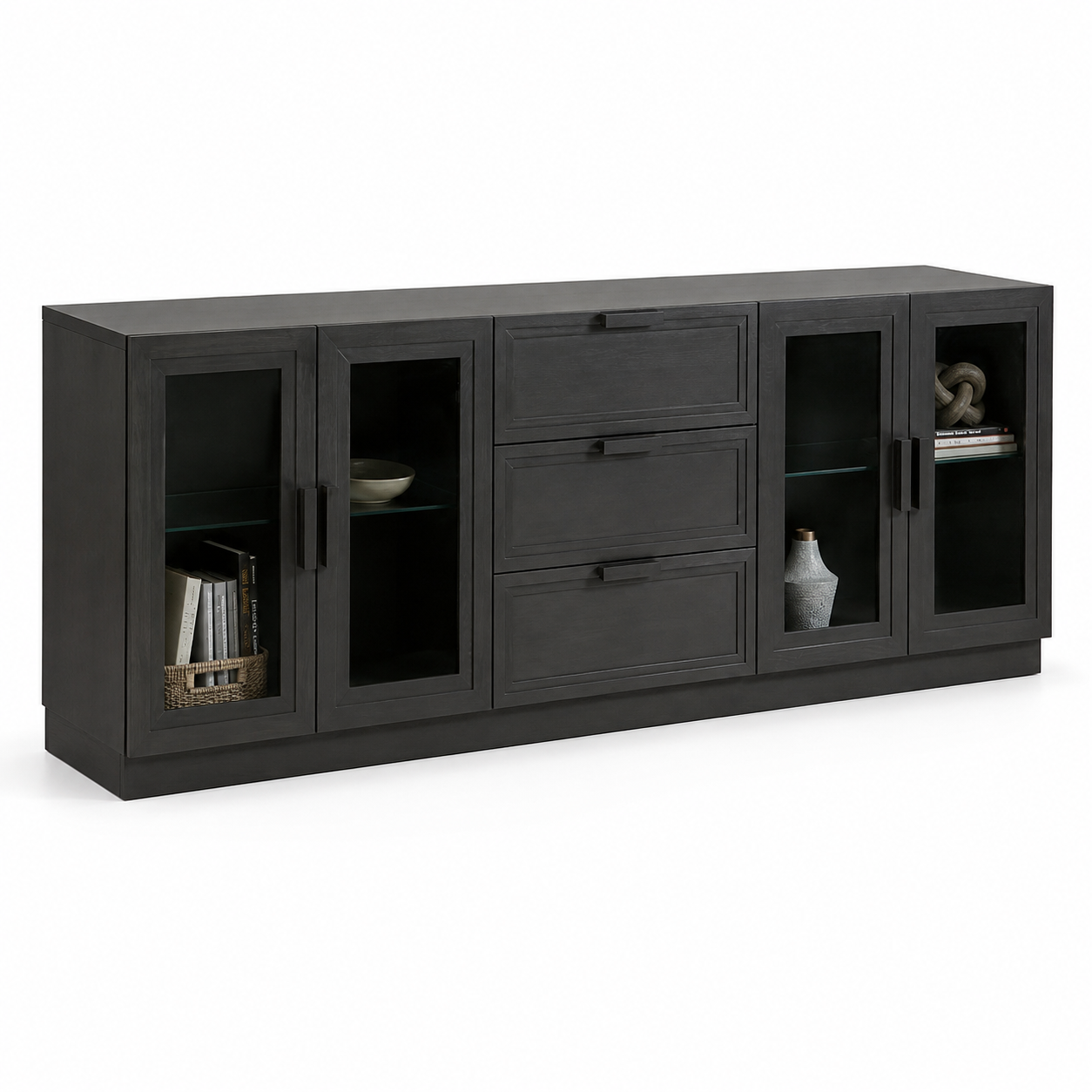 Modern Executive Office Storage Cabinet with Glass Doors, 3 Drawers and Shelves, MDF with Laminate and PU Finish for Director Cabin