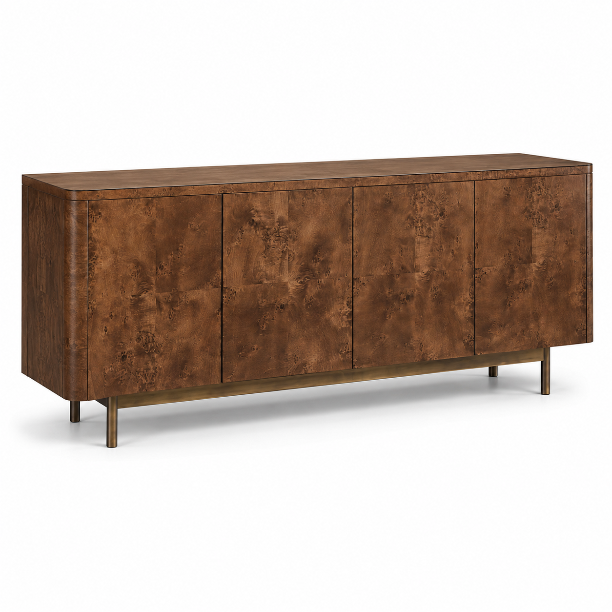 Modern 4 Door Storage Cabinet in Plywood with Natural Veneer and Polish, Wooden Sideboard with Metal Legs for Office