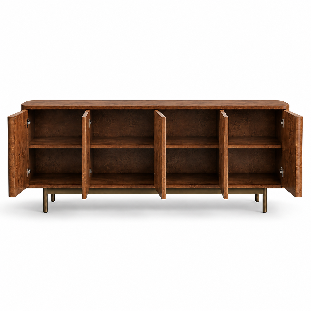 Modern 4 Door Storage Cabinet in Plywood with Natural Veneer and Polish, Wooden Sideboard with Metal Legs for Office