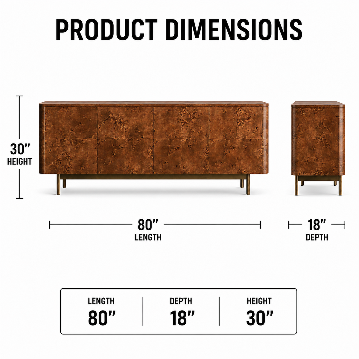 Modern 4 Door Storage Cabinet in Plywood with Natural Veneer and Polish, Wooden Sideboard with Metal Legs for Office