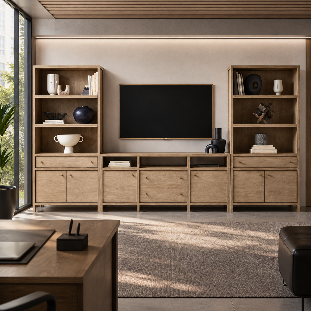 Living Room and Home Office, this Wood Entertainment Wall Unit Features a TV Stand, Two Bookcases, Drawers, Doors, and Brass Handles for Storage
