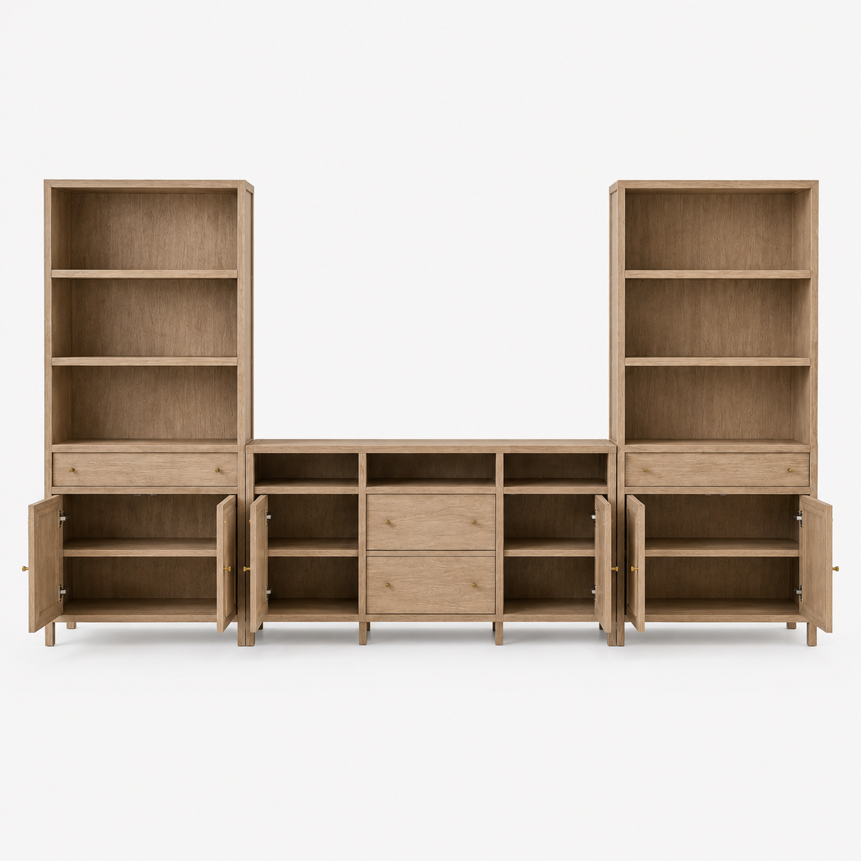 Living Room and Home Office, this Wood Entertainment Wall Unit Features a TV Stand, Two Bookcases, Drawers, Doors, and Brass Handles for Storage