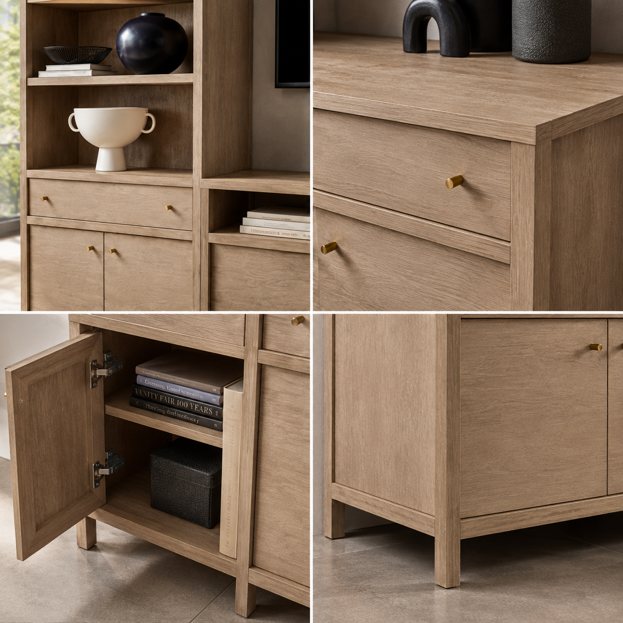 Living Room and Home Office, this Wood Entertainment Wall Unit Features a TV Stand, Two Bookcases, Drawers, Doors, and Brass Handles for Storage
