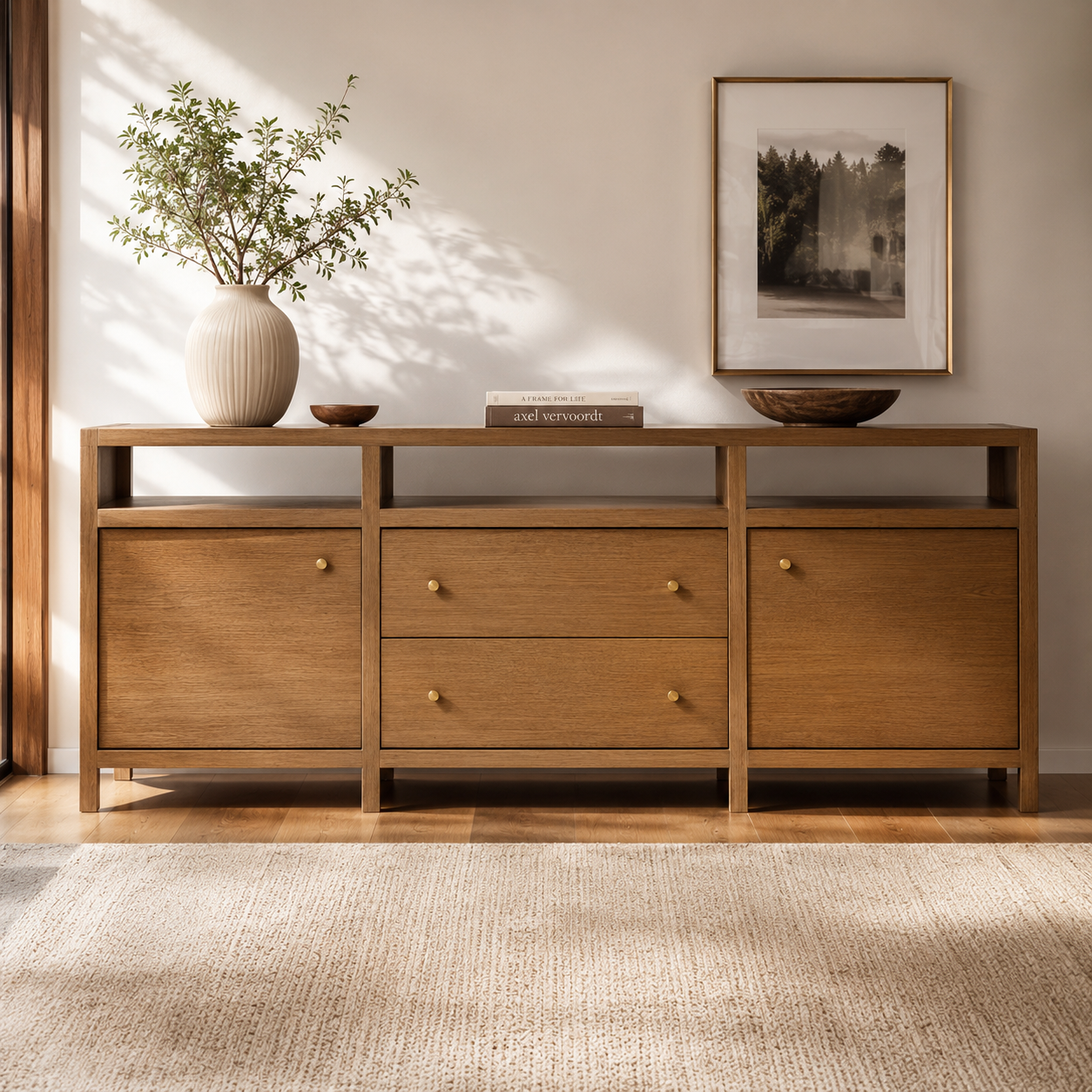 Wooden Storage Cabinet with Elegant Finish for Living and Dining Rooms and Multi-Purpose Storage Compartments