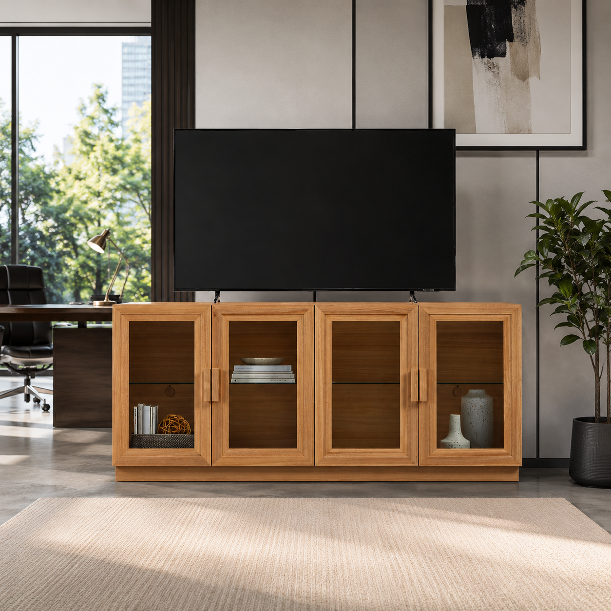 TV cabinet for living room natural oak media storage unit entertainment center console table with 4 glass doors for home entertainment area decor