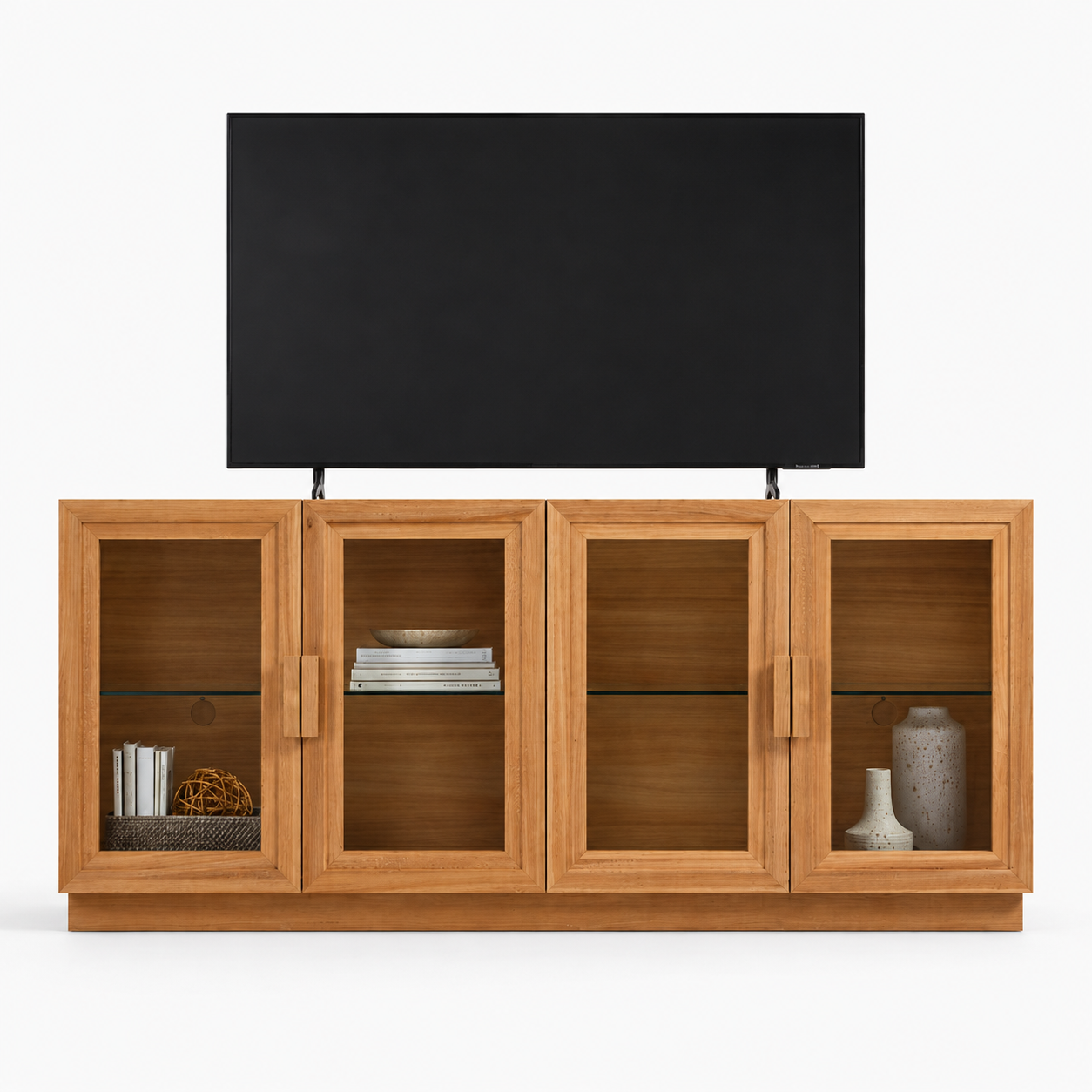 TV cabinet for living room natural oak media storage unit entertainment center console table with 4 glass doors for home entertainment area decor