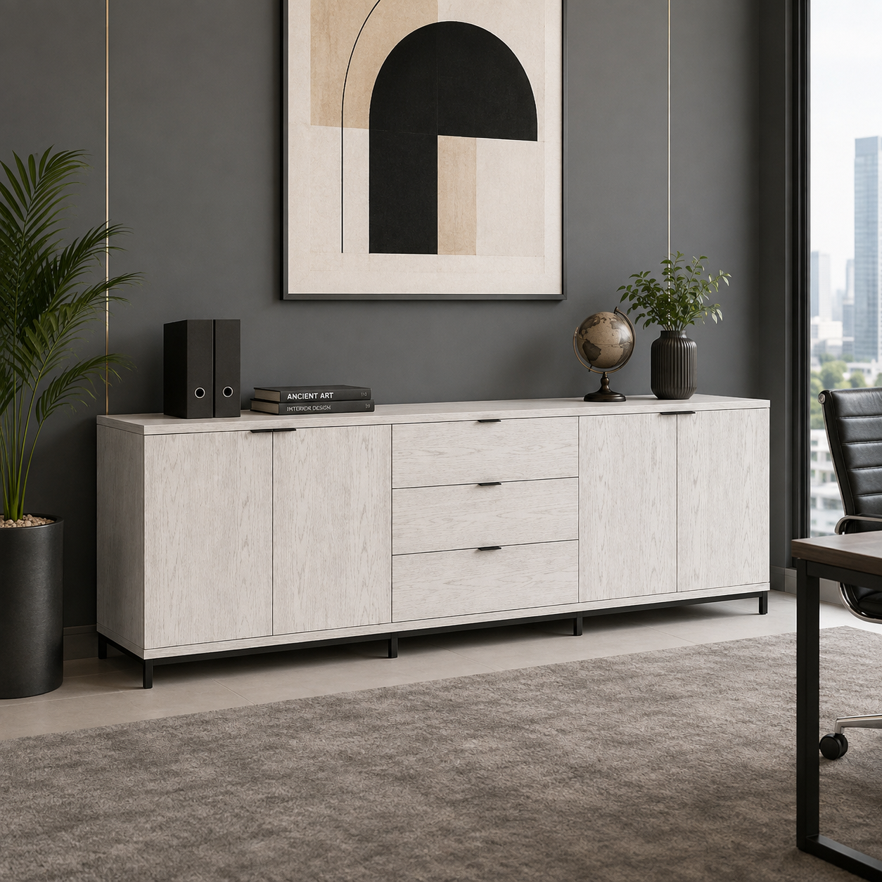 Modern Wooden Sideboard Storage Cabinet with 4 Doors and Drawers, Large Buffet Cabinet for Office
