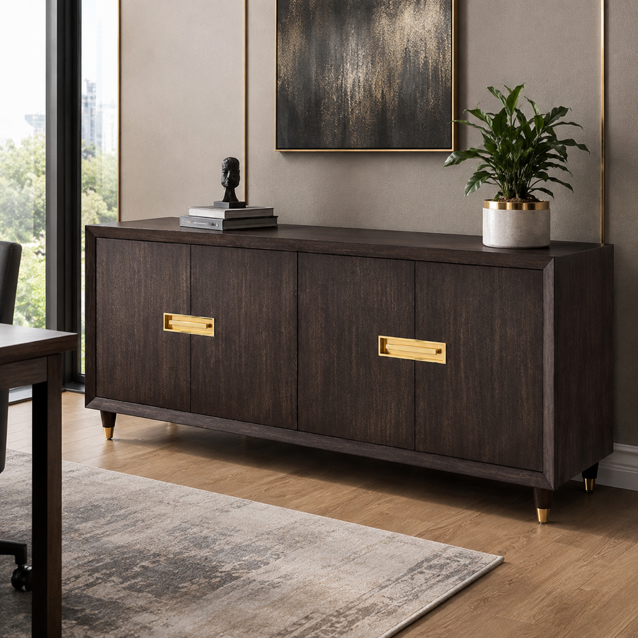 Modern Wooden Sideboard Storage Cabinet with 4 Doors, Gold Handles and Spacious Buffet Unit for Office