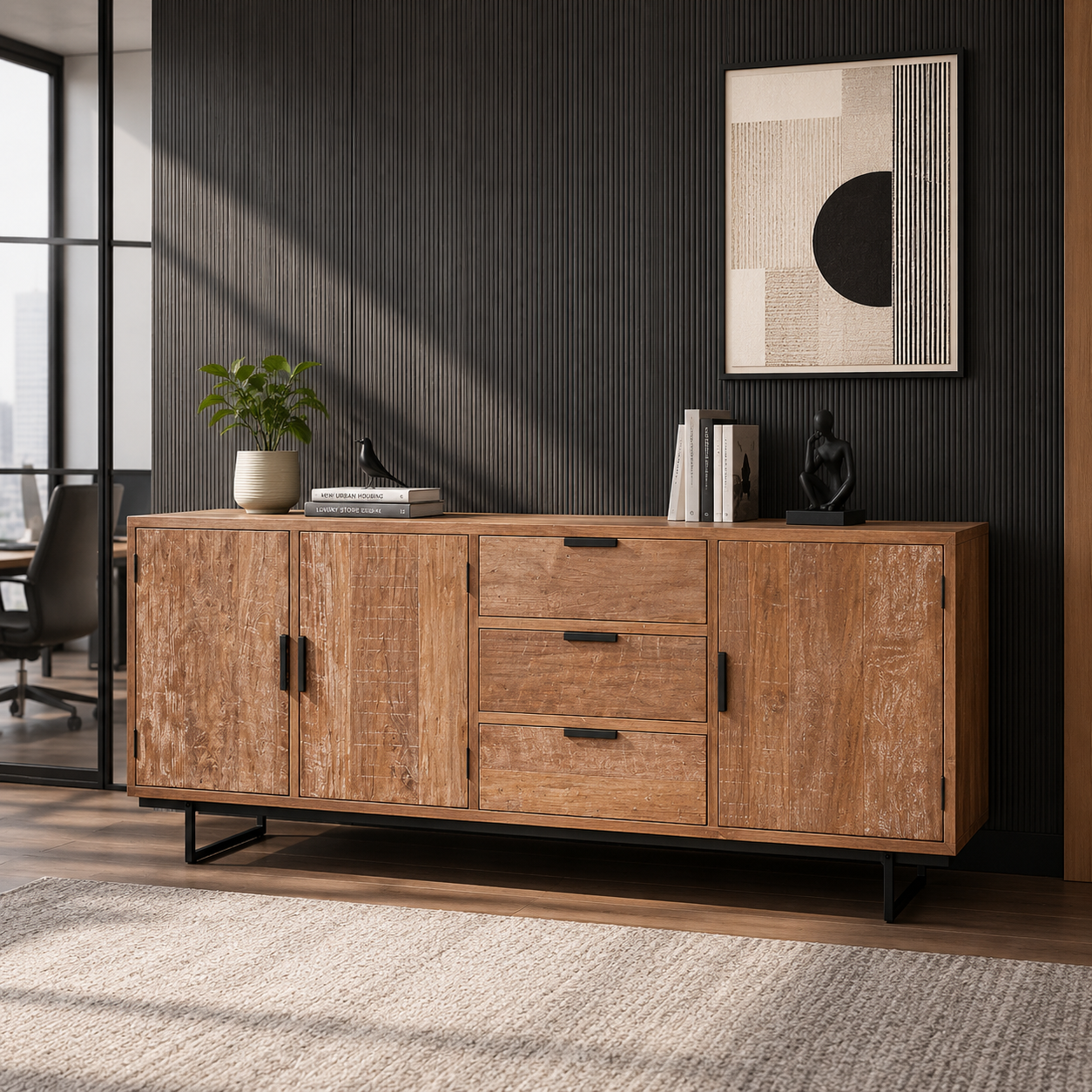 Modern Wooden Sideboard Storage Cabinet with 4 Doors and 3 Drawers, Industrial Buffet Unit for Office