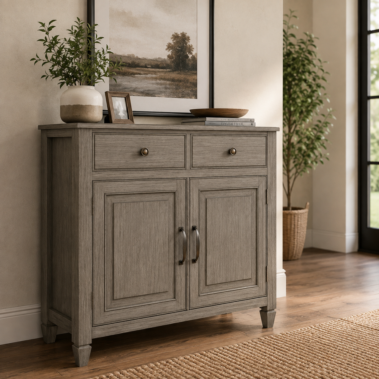 Modern Wooden Sideboard Storage Cabinet with 2 Doors, 2 Drawers, Compact Buffet Console for Dining Room, Living Room and Entryway