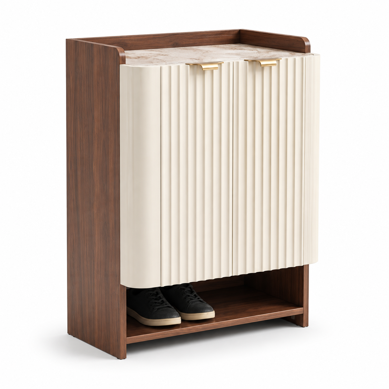 Modern Wooden Shoe Storage Cabinet with 2 Fluted Doors, Open Shelf, Entryway Organiser for Hallway and Bedroom