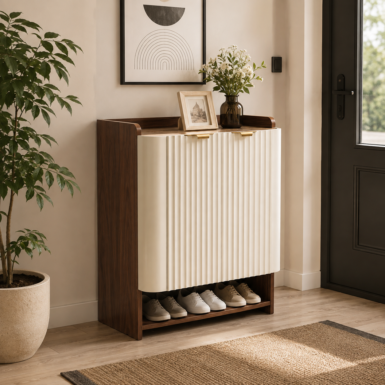 Modern Wooden Shoe Storage Cabinet with 2 Fluted Doors, Open Shelf, Entryway Organiser for Hallway and Bedroom