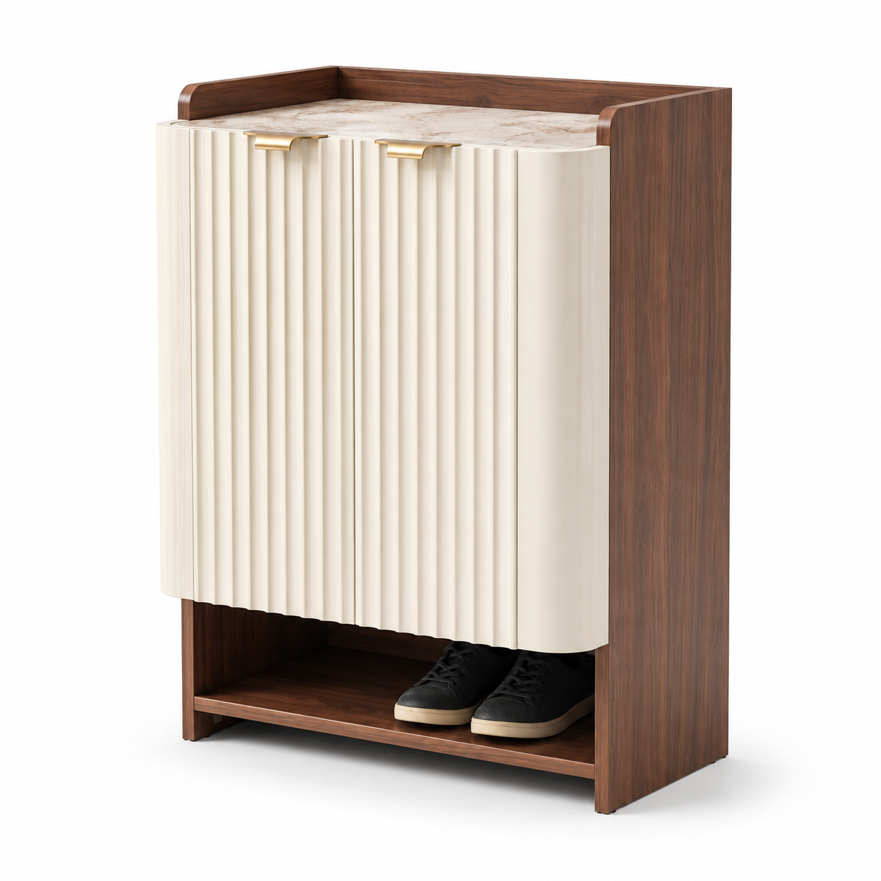 Modern Wooden Shoe Storage Cabinet with 2 Fluted Doors, Open Shelf, Entryway Organiser for Hallway and Bedroom