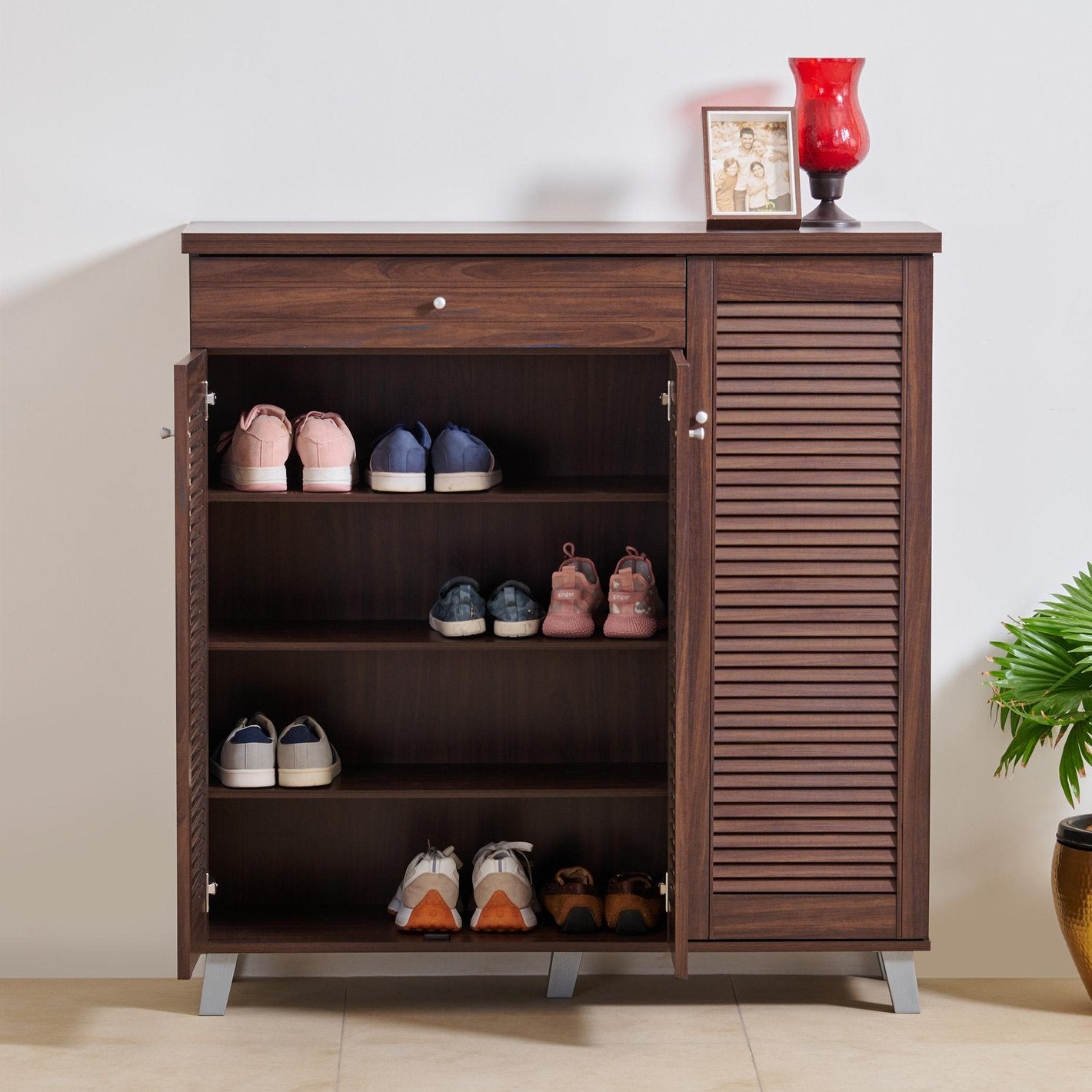 Modern Wooden Shoe Storage Cabinet with 2 Louvred Doors, Drawer, Multi-Shelf Organiser for Hallway, Entryway and Living Room