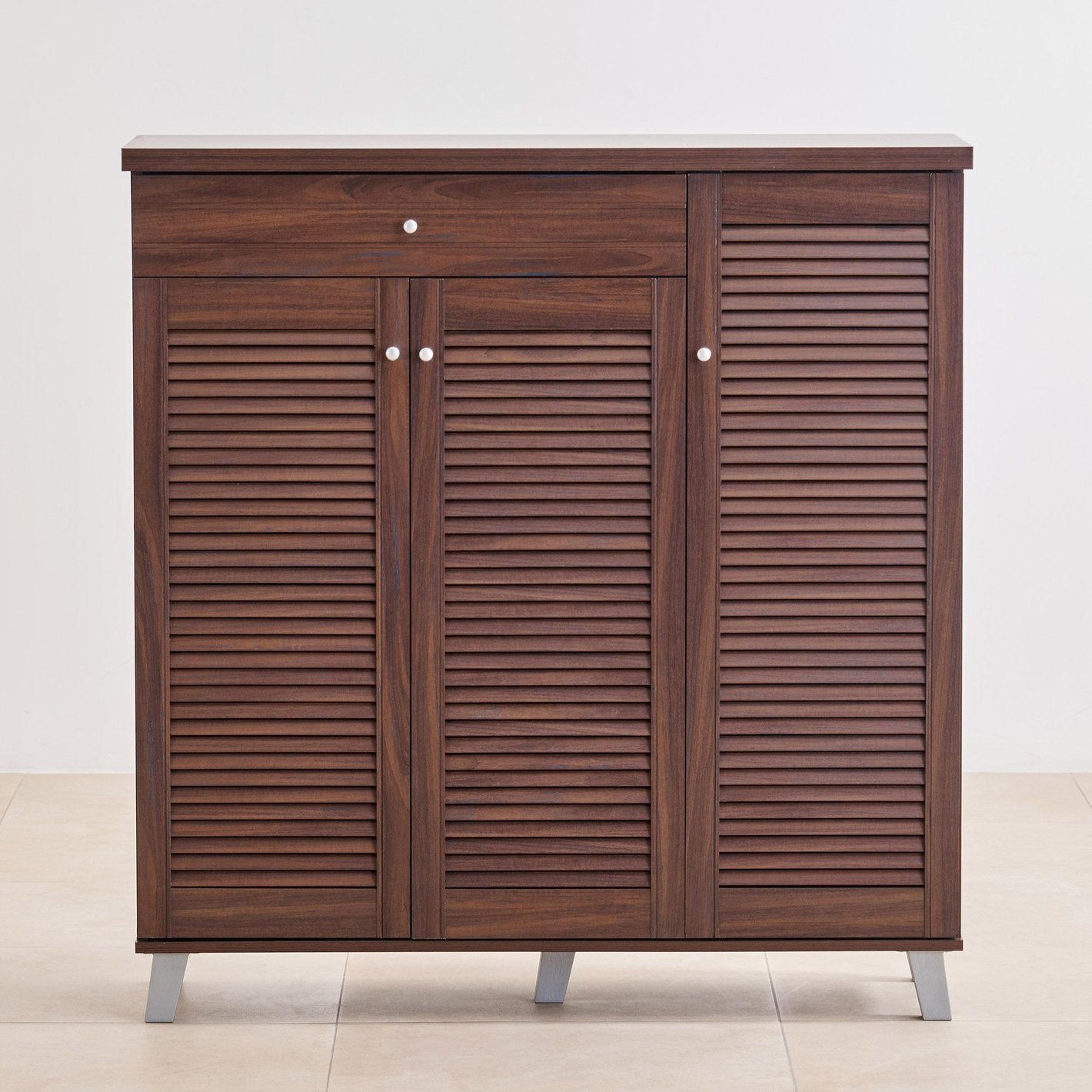 Modern Wooden Shoe Storage Cabinet with 2 Louvred Doors, Drawer, Multi-Shelf Organiser for Hallway, Entryway and Living Room