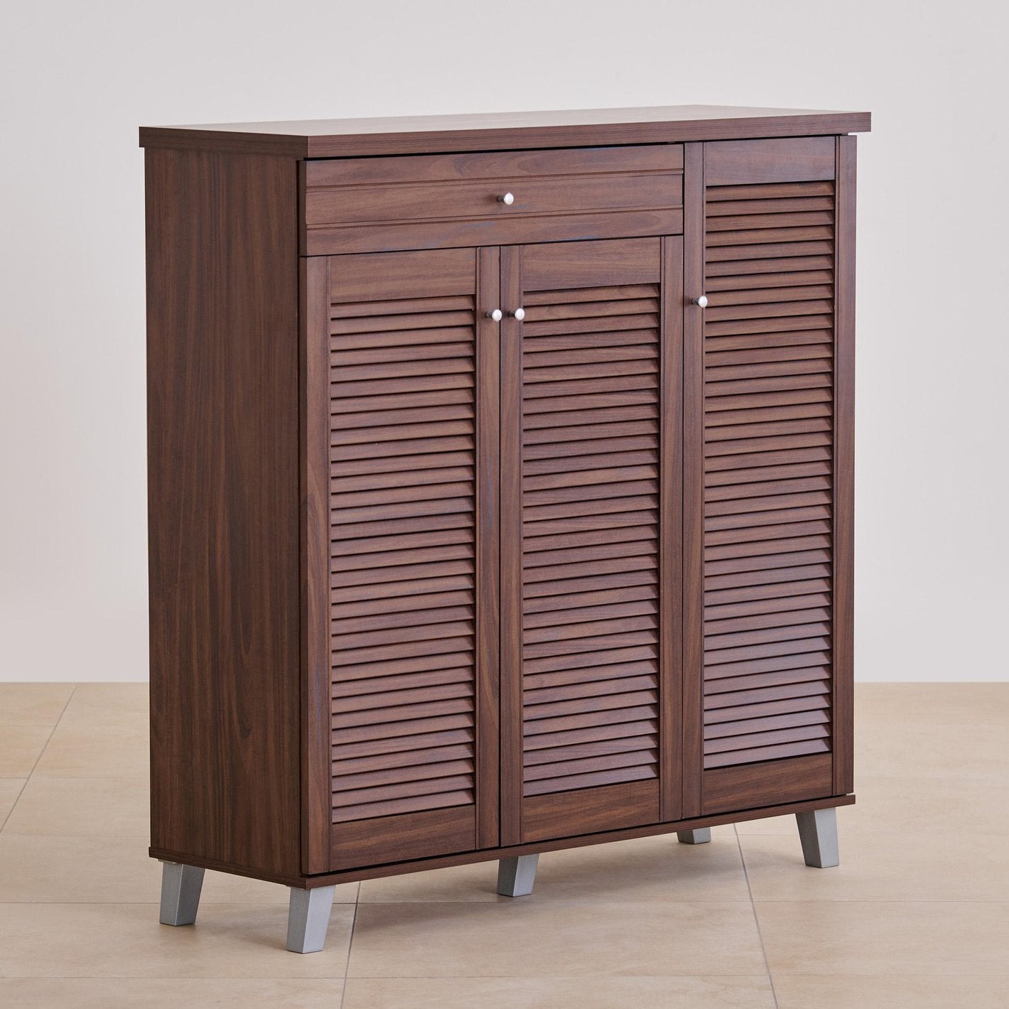 Modern Wooden Shoe Storage Cabinet with 2 Louvred Doors, Drawer, Multi-Shelf Organiser for Hallway, Entryway and Living Room